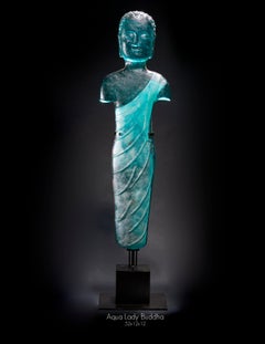 "Aqua Lady Buddha, " Pigmented sand-cast glass sculpture, hand forged metal base