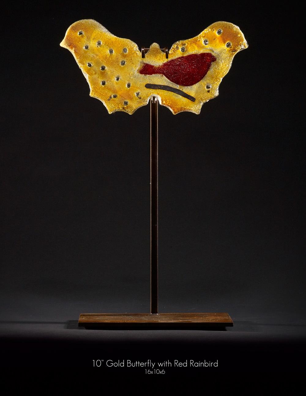 Butterfly - Gold with Red Rainbird - Sculpture by Marlene Rose