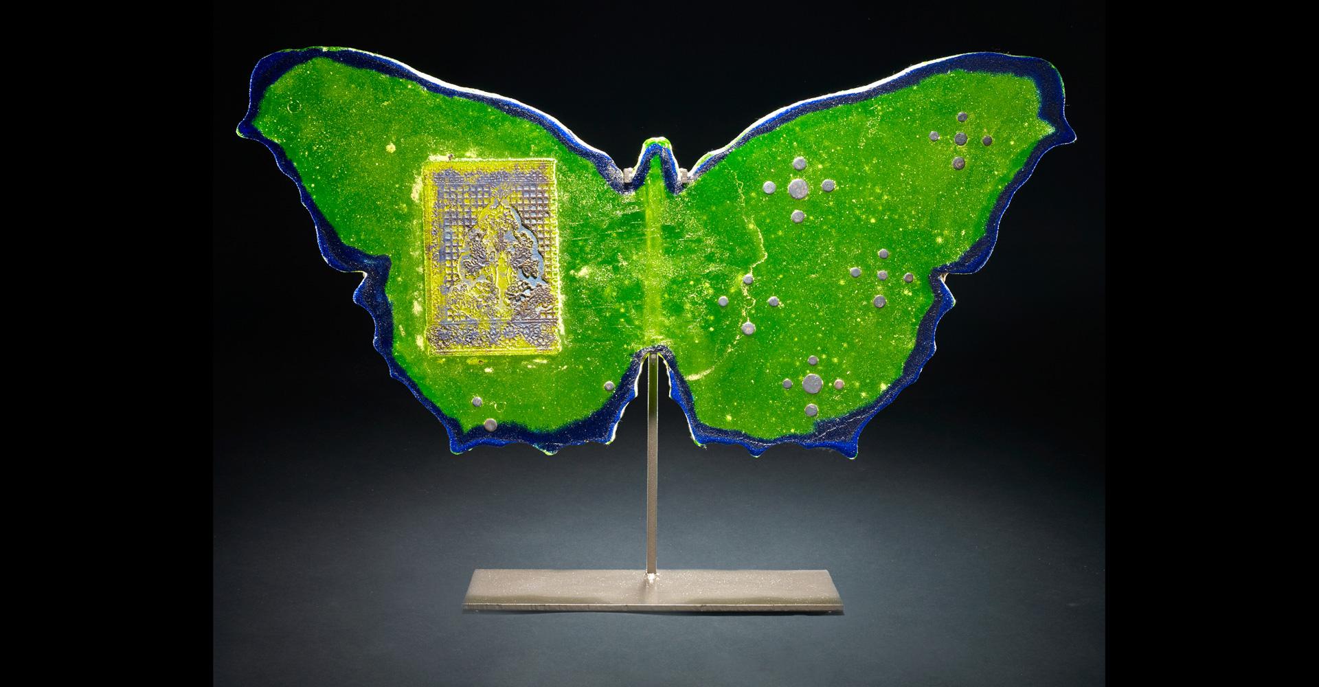 Marlene Rose Figurative Sculpture - "Lime Green Moroccan Butterfly", Pigmented sand-cast glass, hand forged metal