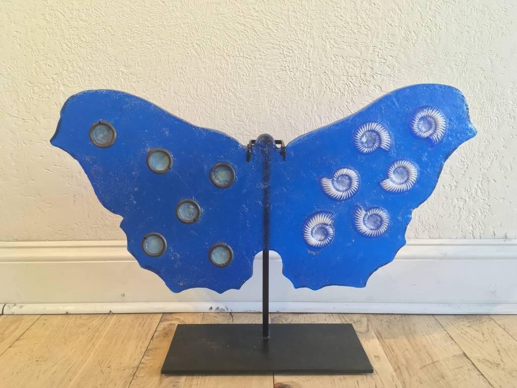 Marlene Rose Figurative Sculpture - Vibrant Blue with Ammonites and Rings Butterfly