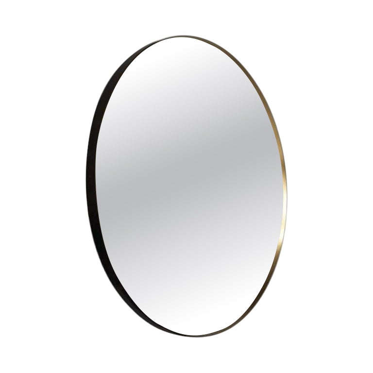 Marlene Round Large Wall Mirror with Brass Leather Clad Frame by Baxter, Italy