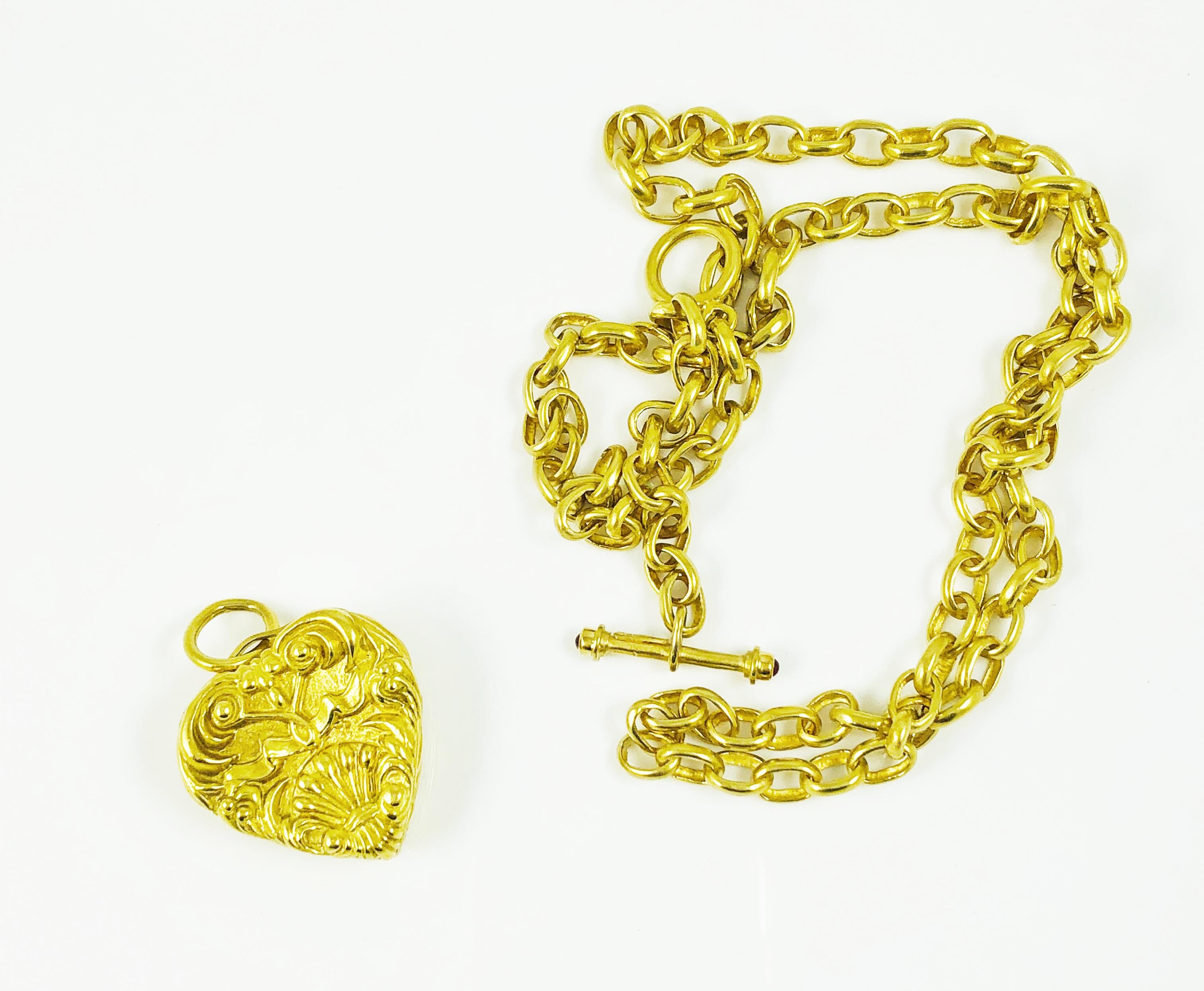Modern Marlene Stowe 18 Karat Yellow Gold Heart Pendant and Link Chain