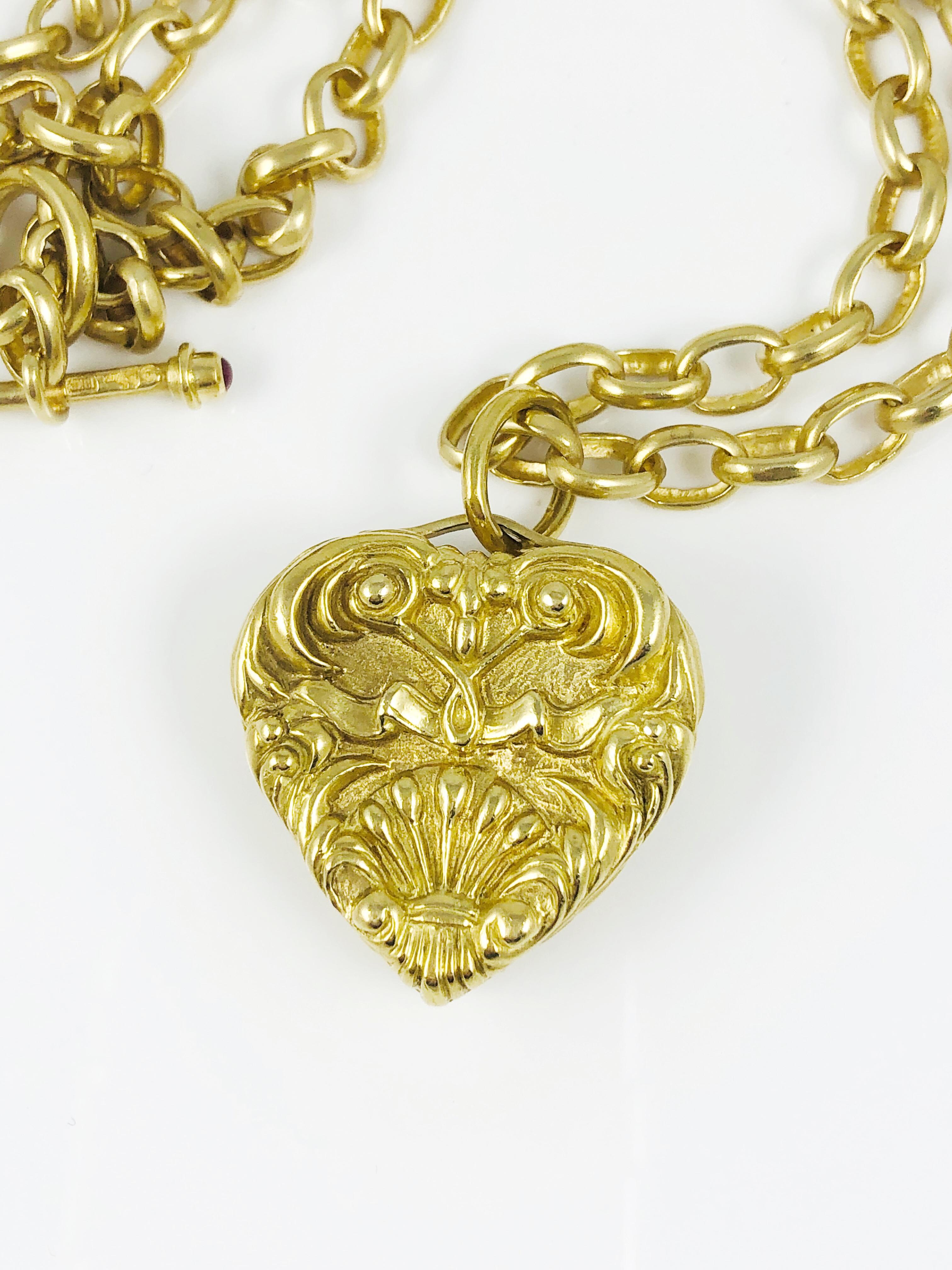 Round Cut Marlene Stowe 18 Karat Yellow Gold Heart Pendant and Link Chain