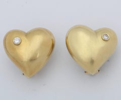 Marlene Stowe 1980s Diamond Puffy Heart Hand-Hammered Gold Earclips