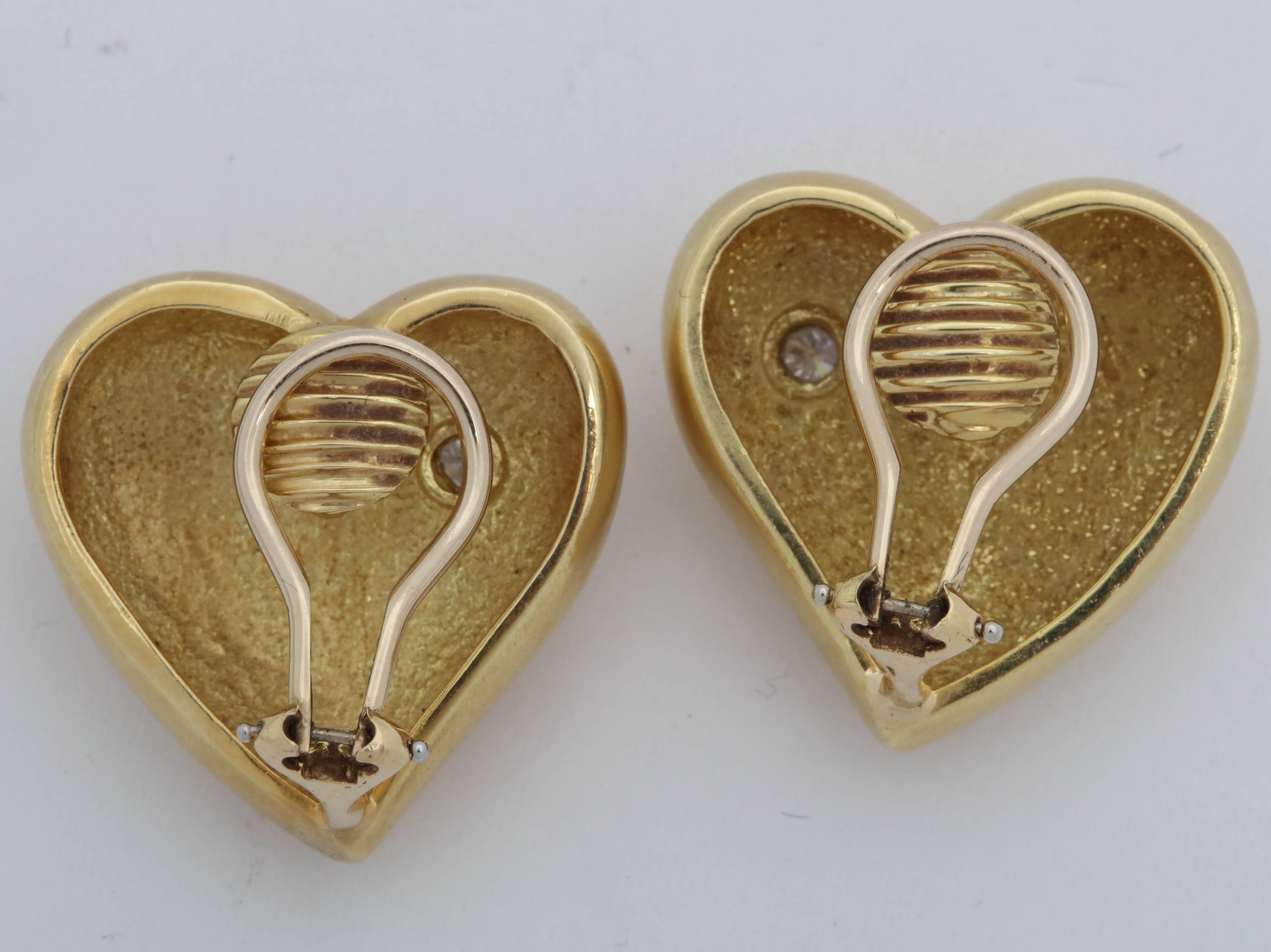 Round Cut Marlene Stowe 1980s Diamond Puffy Heart Hand-Hammered Gold Earclips For Sale