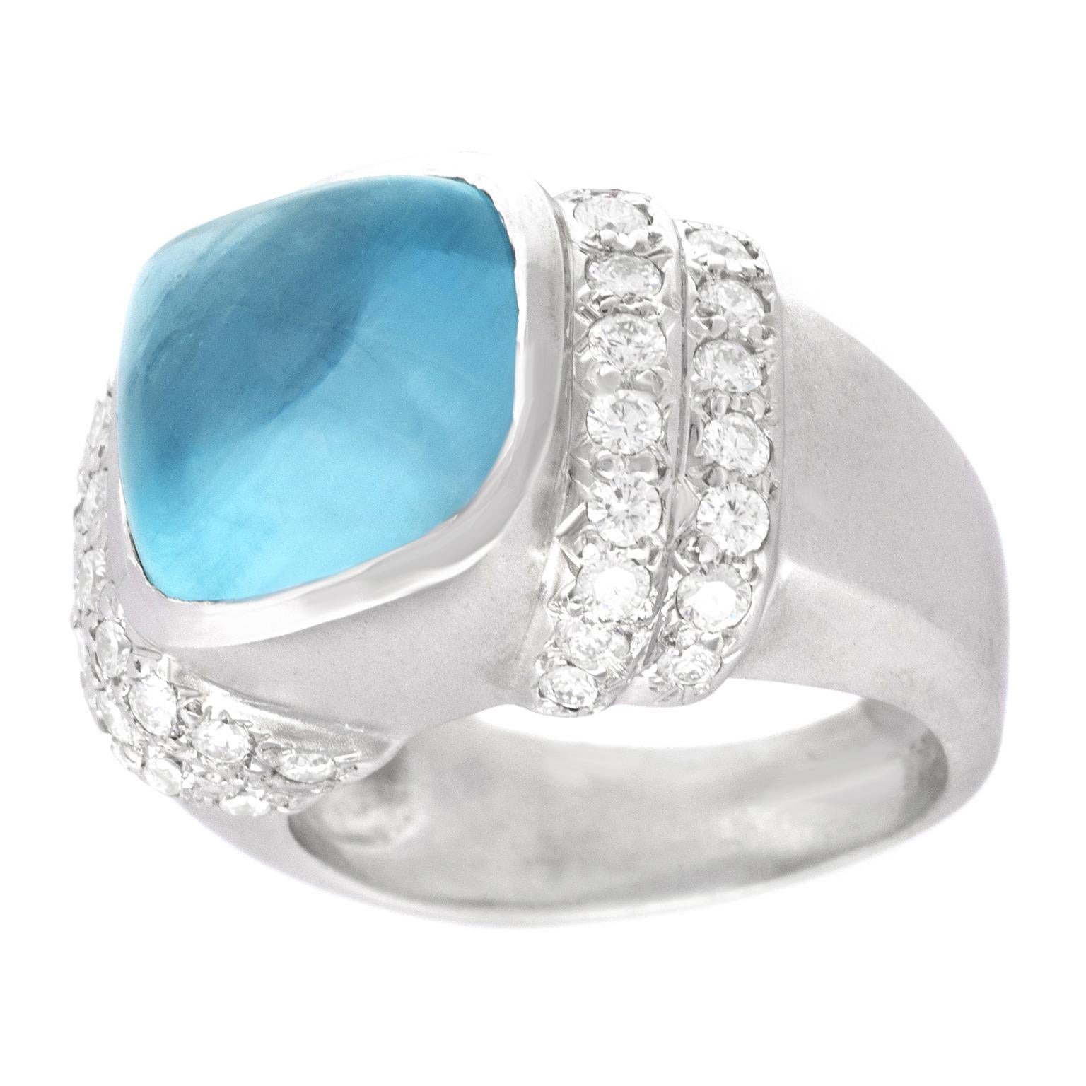 Sugarloaf Cabochon Marlene Stowe Aquamarine and Diamond Ring For Sale