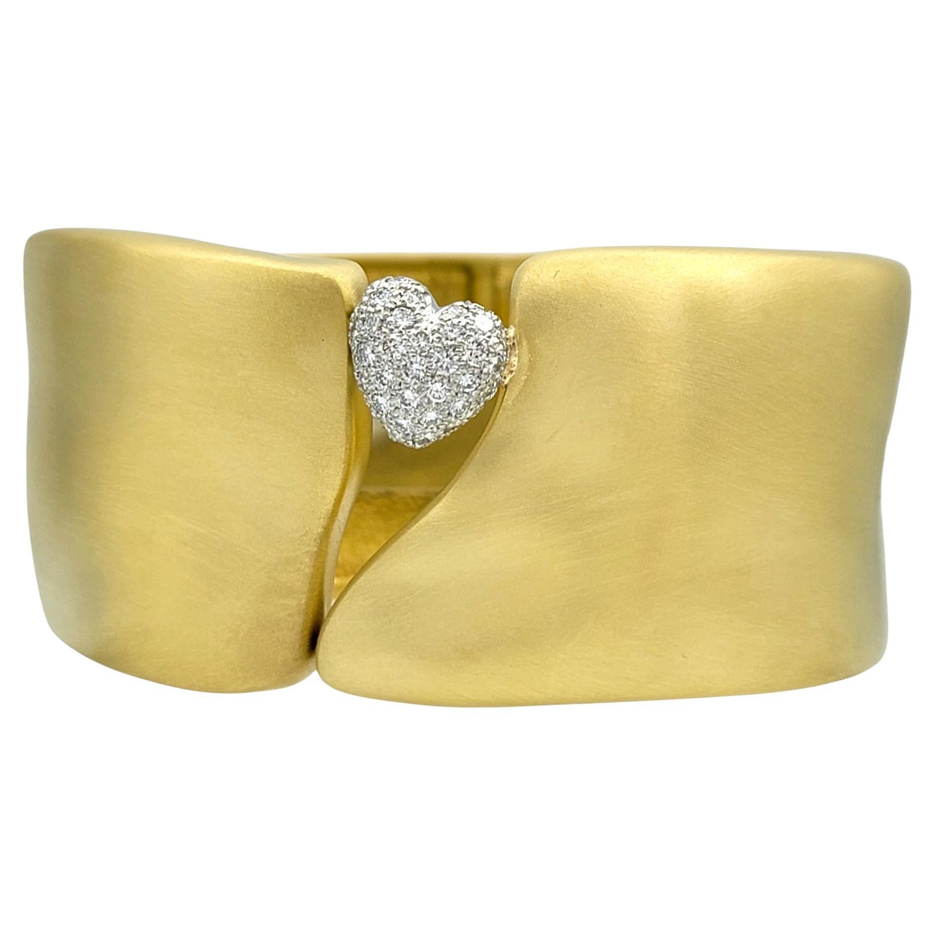 Marlene Stowe Brushed 18 Karat Yellow Gold Wide Cuff Bracelet Pavé Diamond Heart