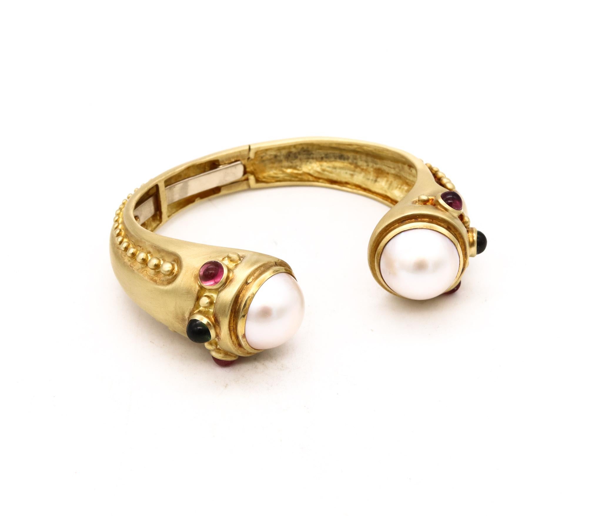 Marlene Stowe Cuff Bracelet in 18Kt Brushed Gold with Mabe Pearls and Tourmaline For Sale 4