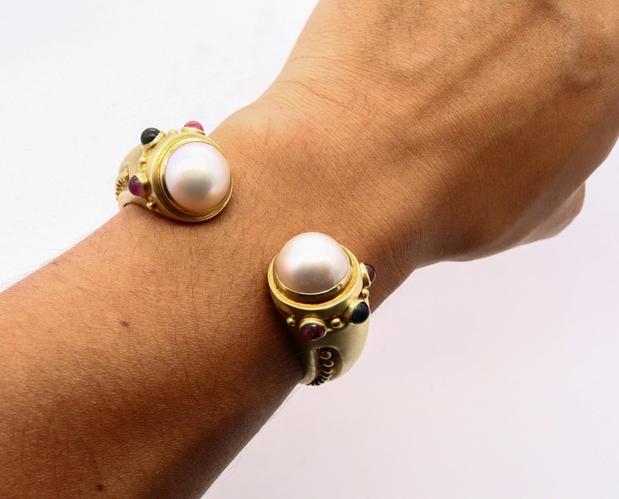 Etruscan Revival Marlene Stowe Cuff Bracelet in 18Kt Brushed Gold with Mabe Pearls and Tourmaline For Sale