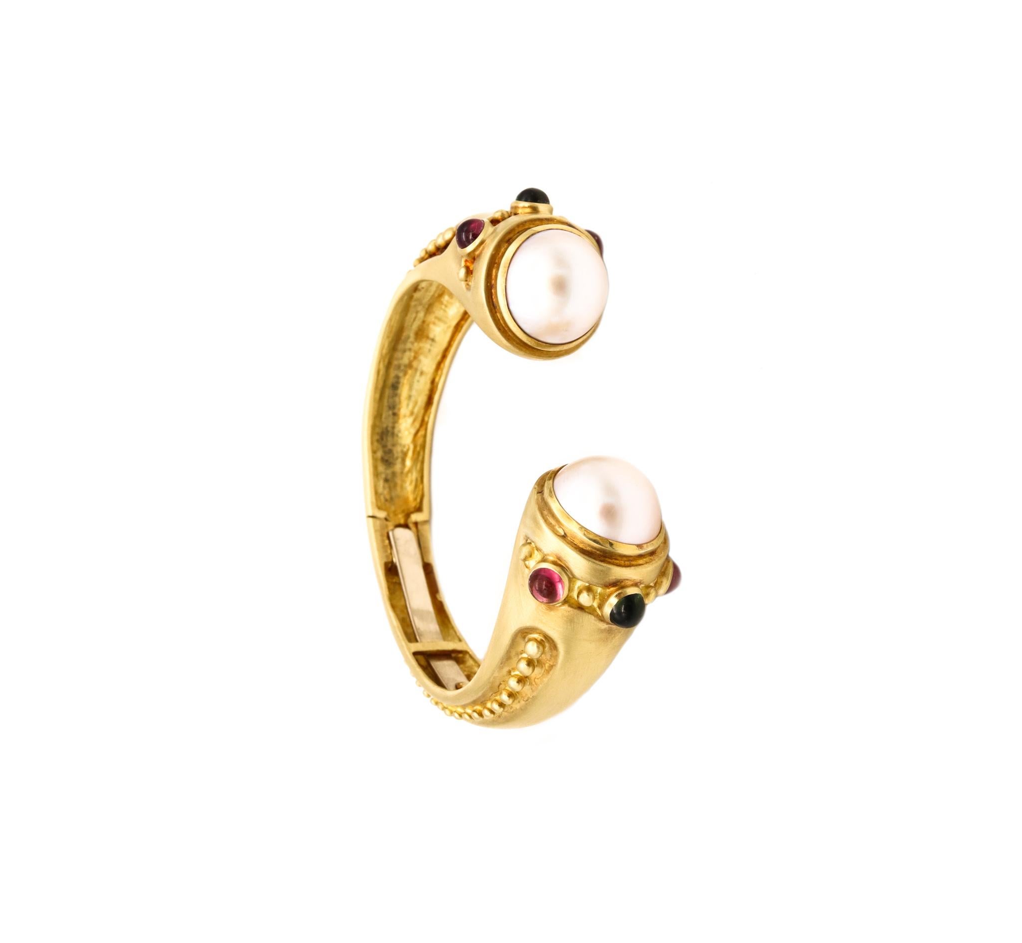 Women's Marlene Stowe Cuff Bracelet in 18Kt Brushed Gold with Mabe Pearls and Tourmaline For Sale
