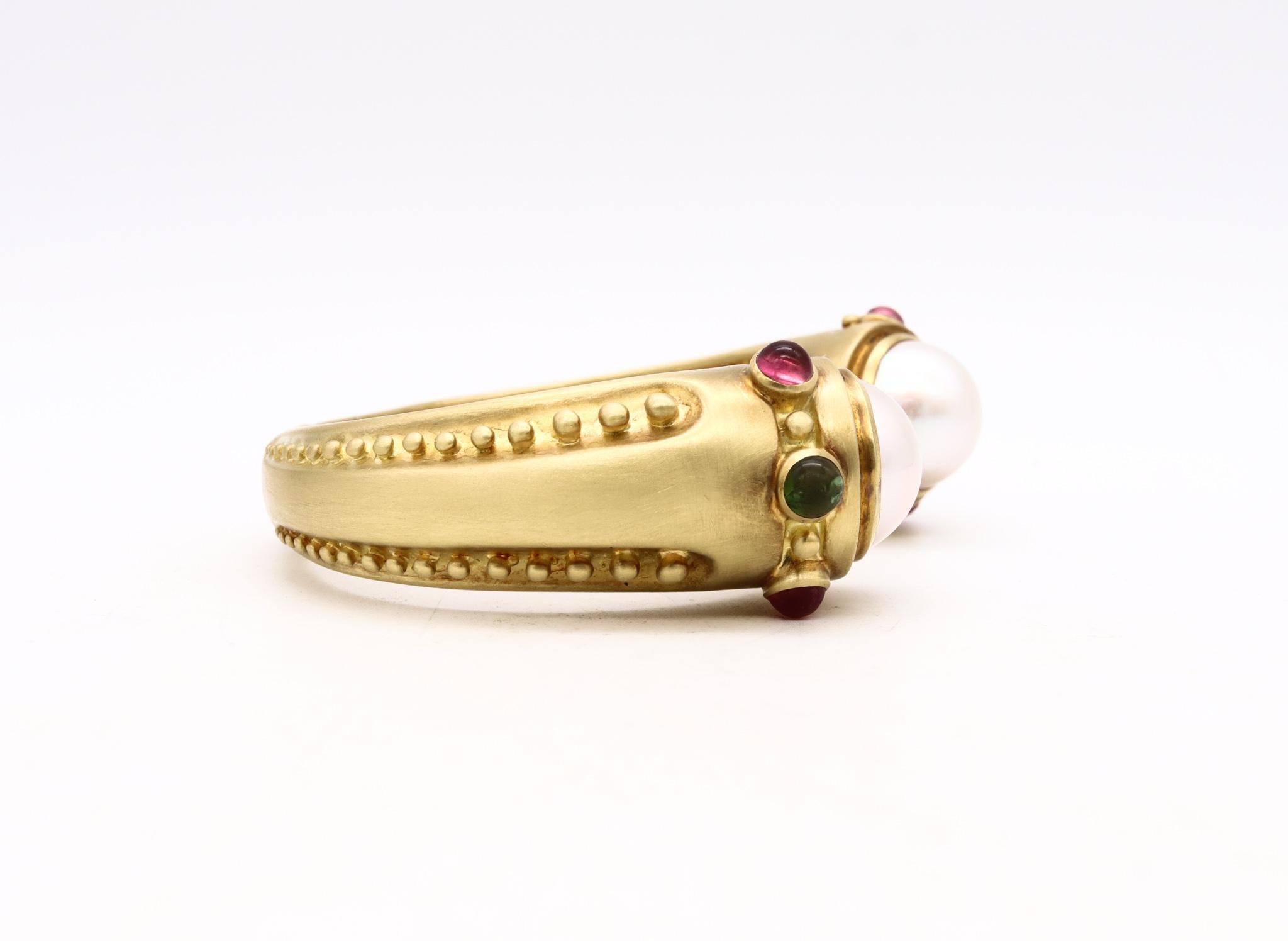 Marlene Stowe Cuff Bracelet in 18Kt Brushed Gold with Mabe Pearls and Tourmaline For Sale 1