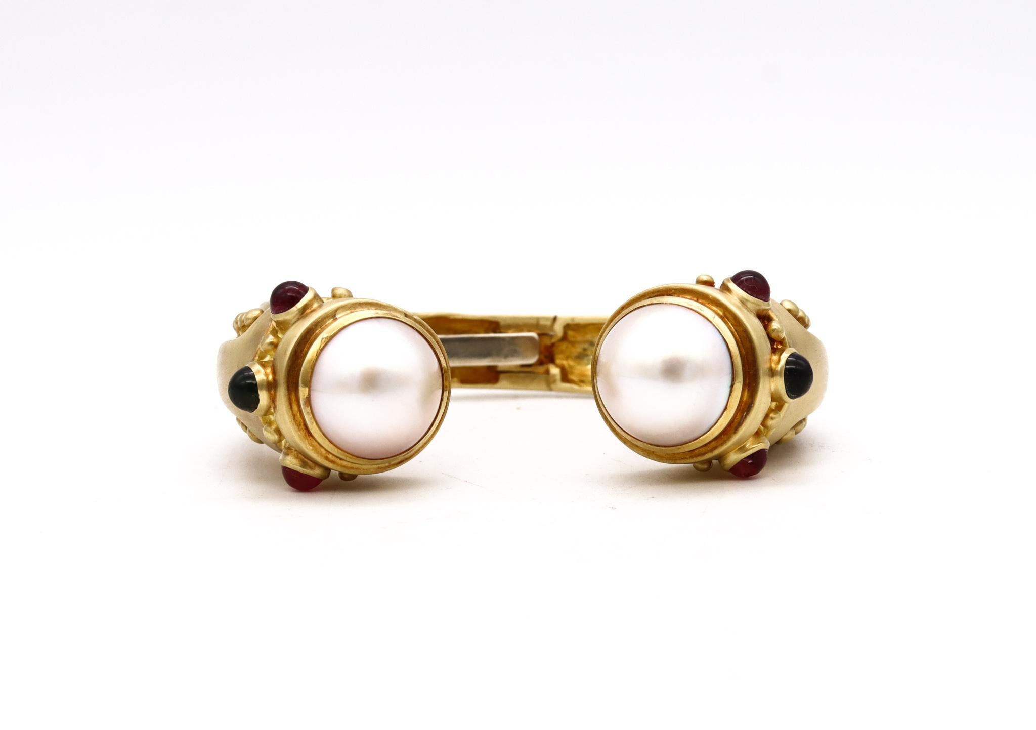 Marlene Stowe Cuff Bracelet in 18Kt Brushed Gold with Mabe Pearls and Tourmaline For Sale 2