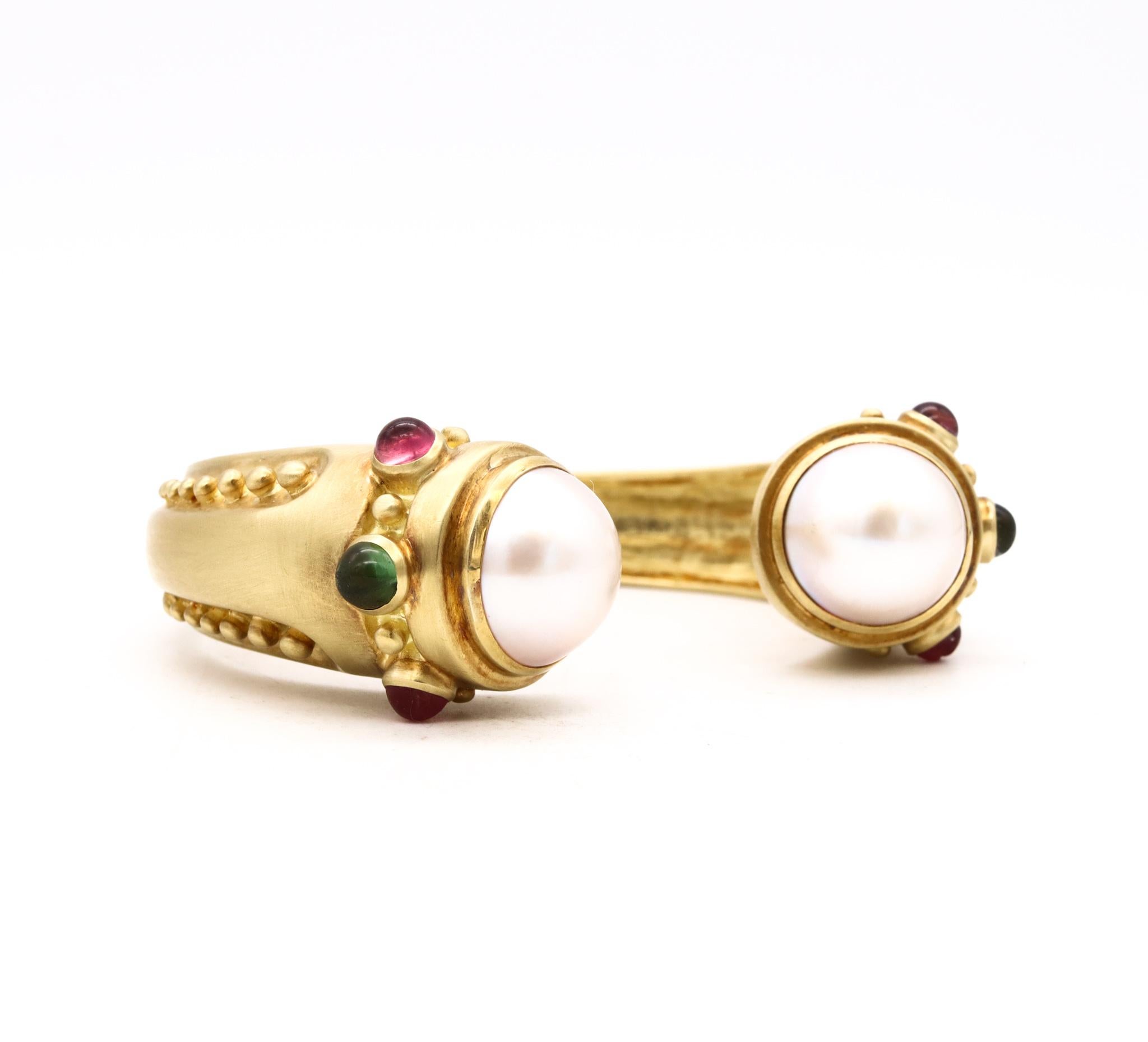 Marlene Stowe Cuff Bracelet in 18Kt Brushed Gold with Mabe Pearls and Tourmaline For Sale 3