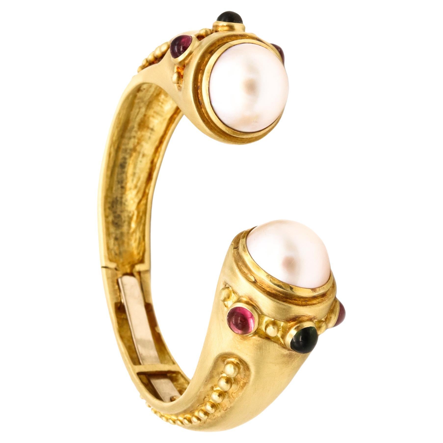 Marlene Stowe Cuff Bracelet in 18Kt Brushed Gold with Mabe Pearls and Tourmaline For Sale