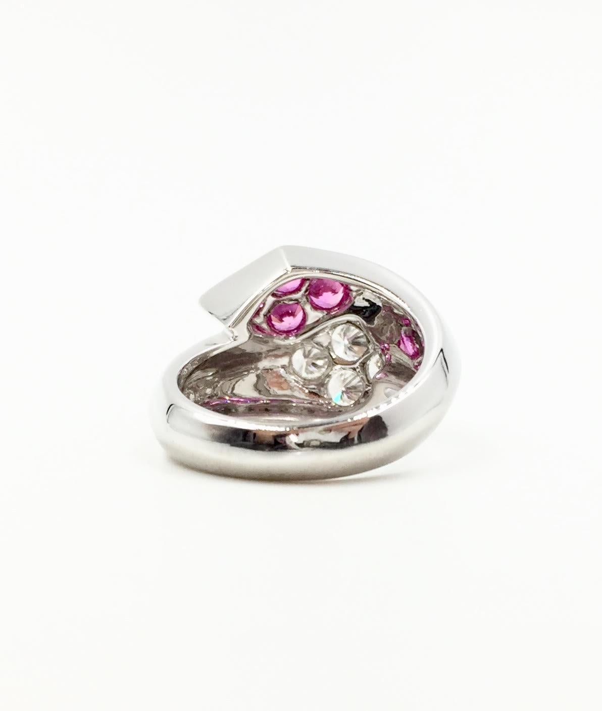 Round Cut Marlene Stowe Diamond and Pink Sapphire 18 Karat White Gold Bypass Ring For Sale
