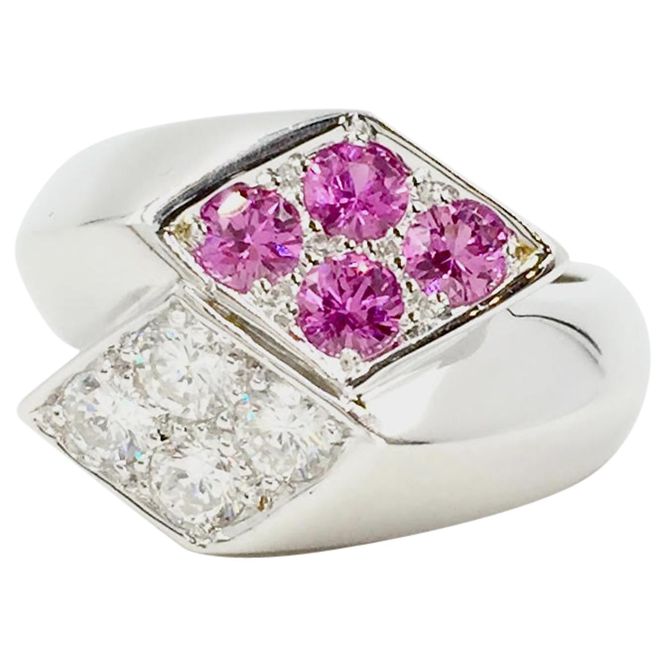 Marlene Stowe Diamond and Pink Sapphire 18 Karat White Gold Bypass Ring For Sale