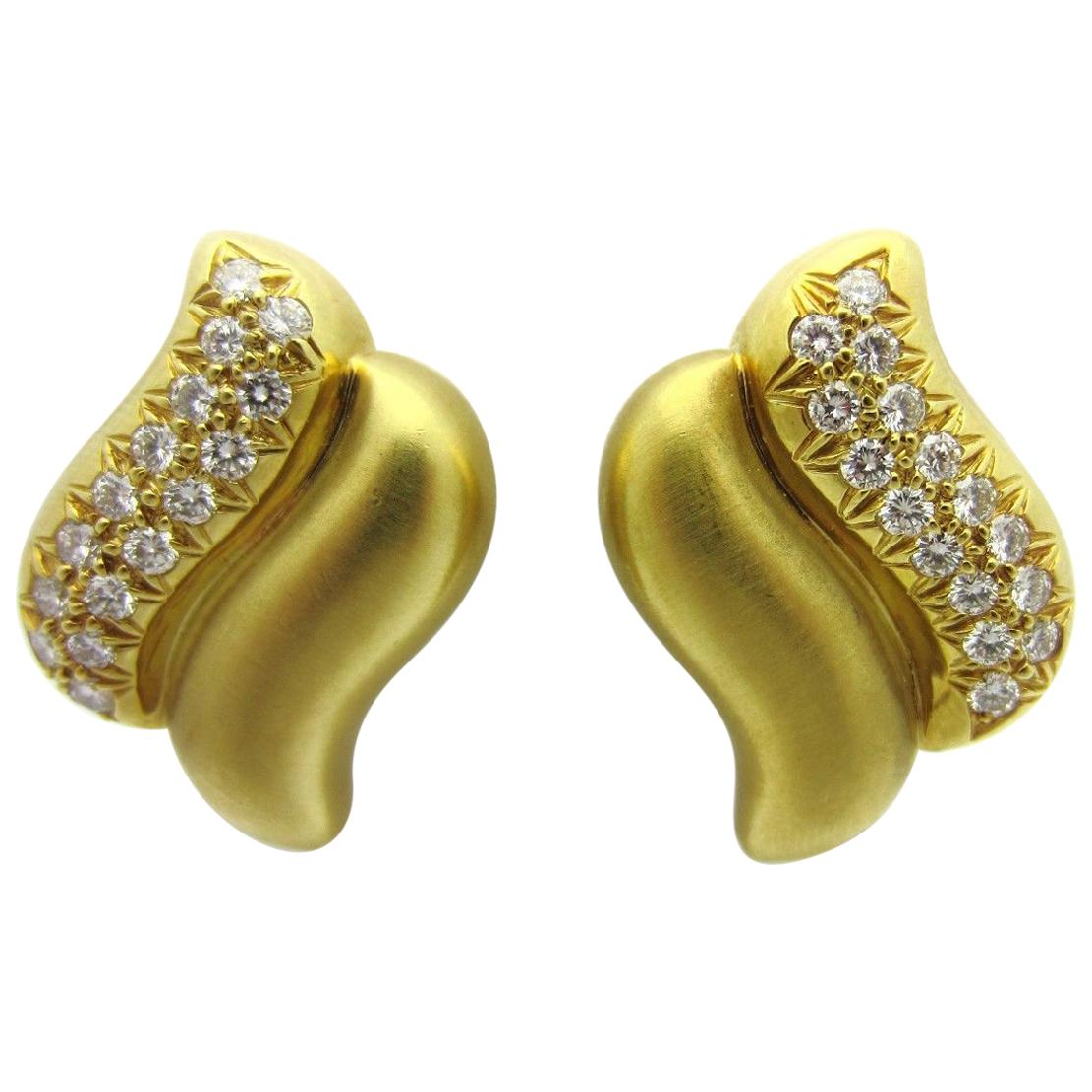Marlene Stowe Diamond Double Wave Clip-On Earrings 18 Karat Yellow Gold