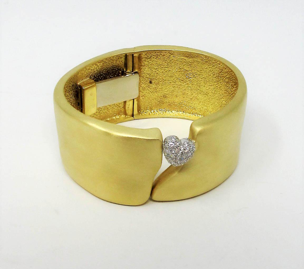 Contemporary Marlene Stowe Diamond Heart Wide Hinged Cuff Bracelet in 18 Karat Yellow Gold