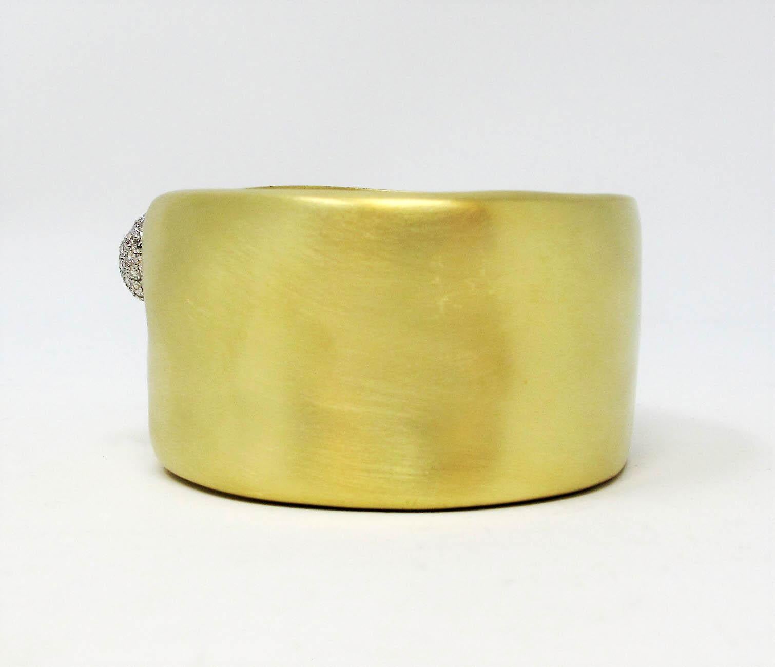 Round Cut Marlene Stowe Diamond Heart Wide Hinged Cuff Bracelet in 18 Karat Yellow Gold