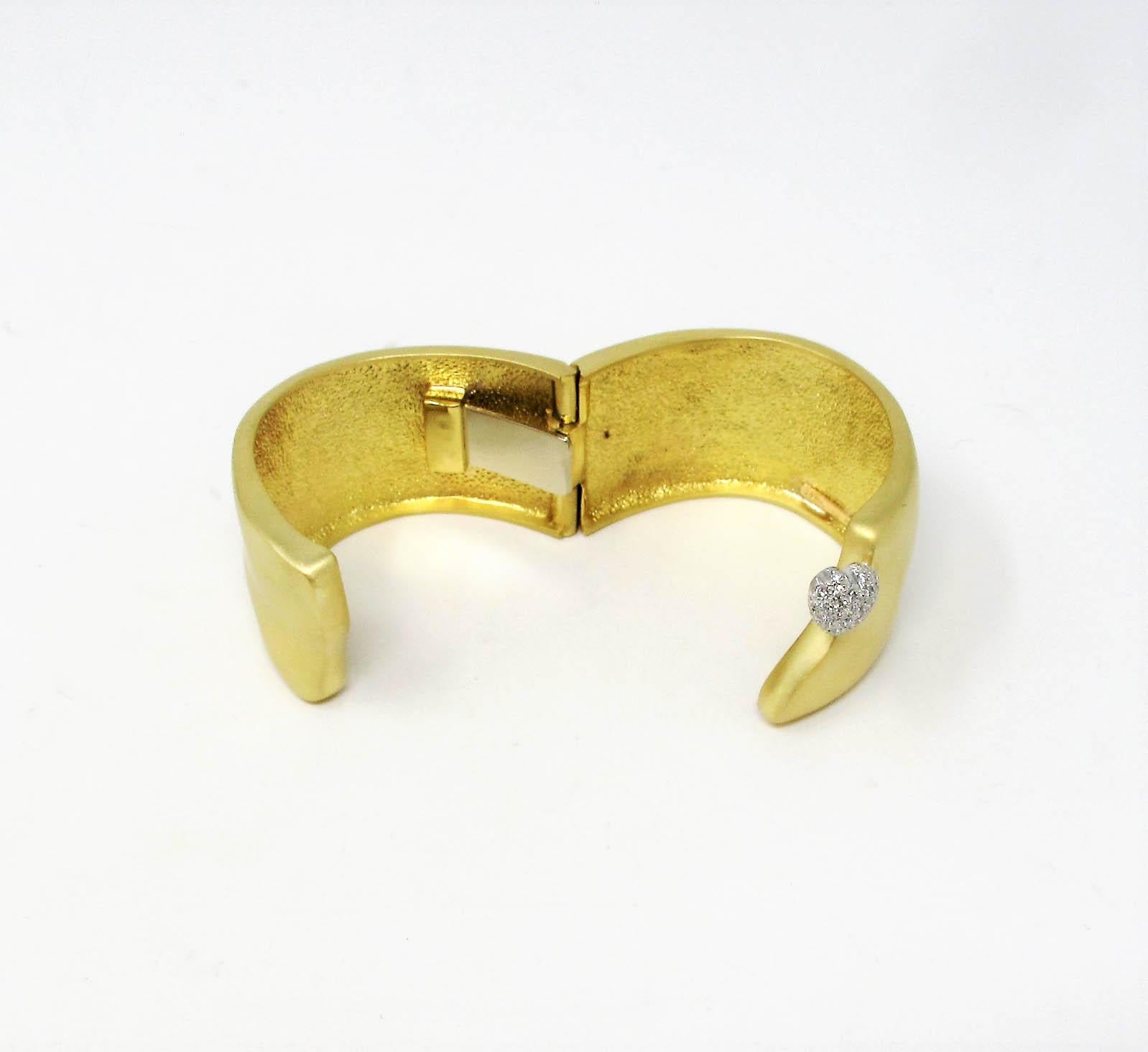Marlene Stowe Diamond Heart Wide Hinged Cuff Bracelet in 18 Karat Yellow Gold 1