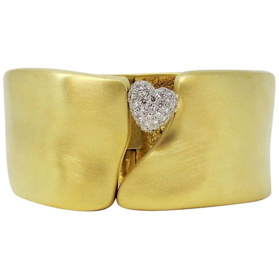 Marlene Stowe Diamond Heart Wide Hinged Cuff Bracelet in 18 Karat Yellow Gold
