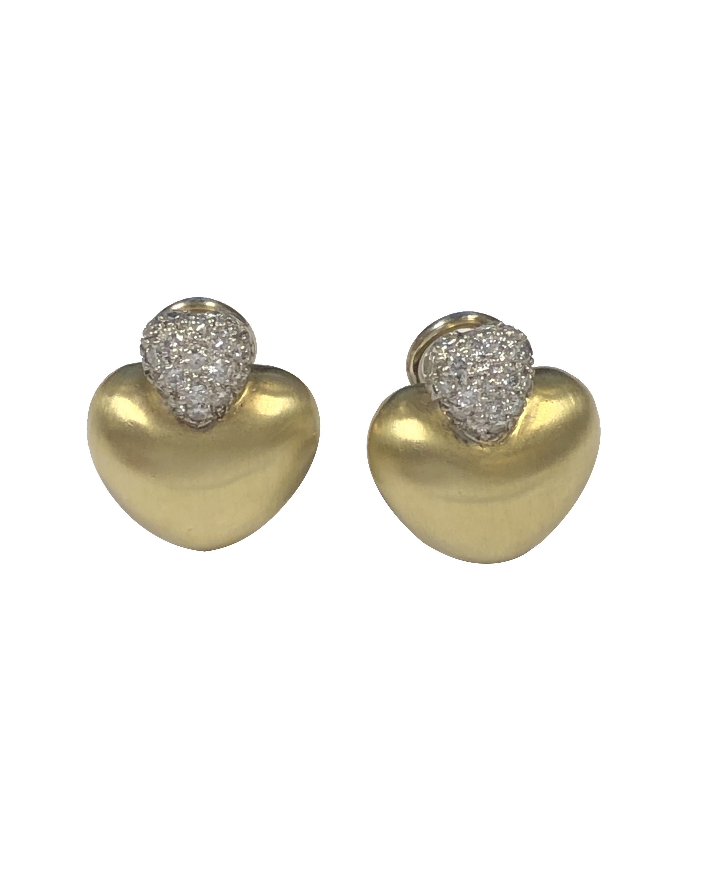 Round Cut Marlene Stowe Yellow Gold and Platinum Diamond Heart Earrings  For Sale