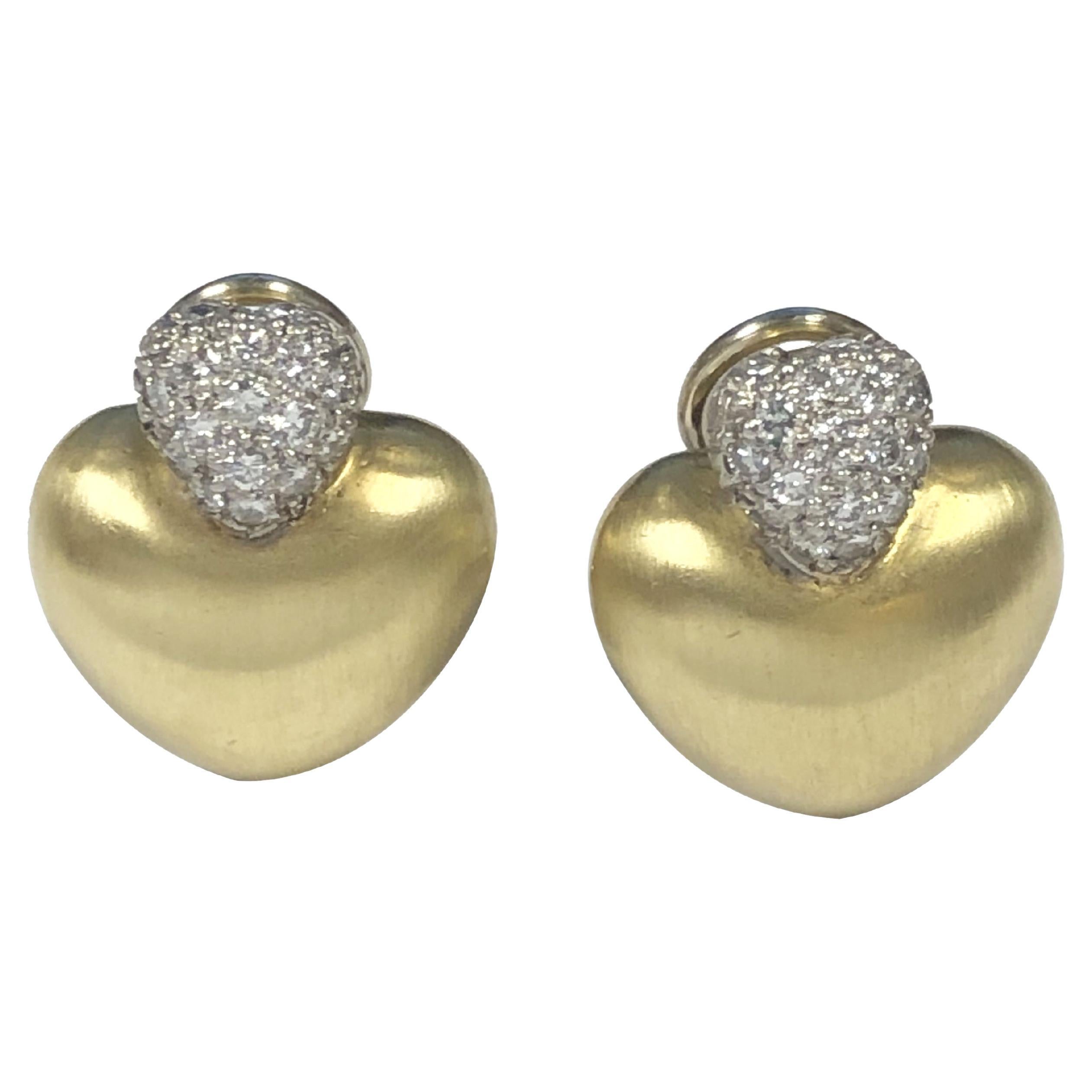 Marlene Stowe Yellow Gold and Platinum Diamond Heart Earrings  For Sale