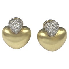 Marlene Stowe Yellow Gold and Platinum Diamond Heart Earrings 