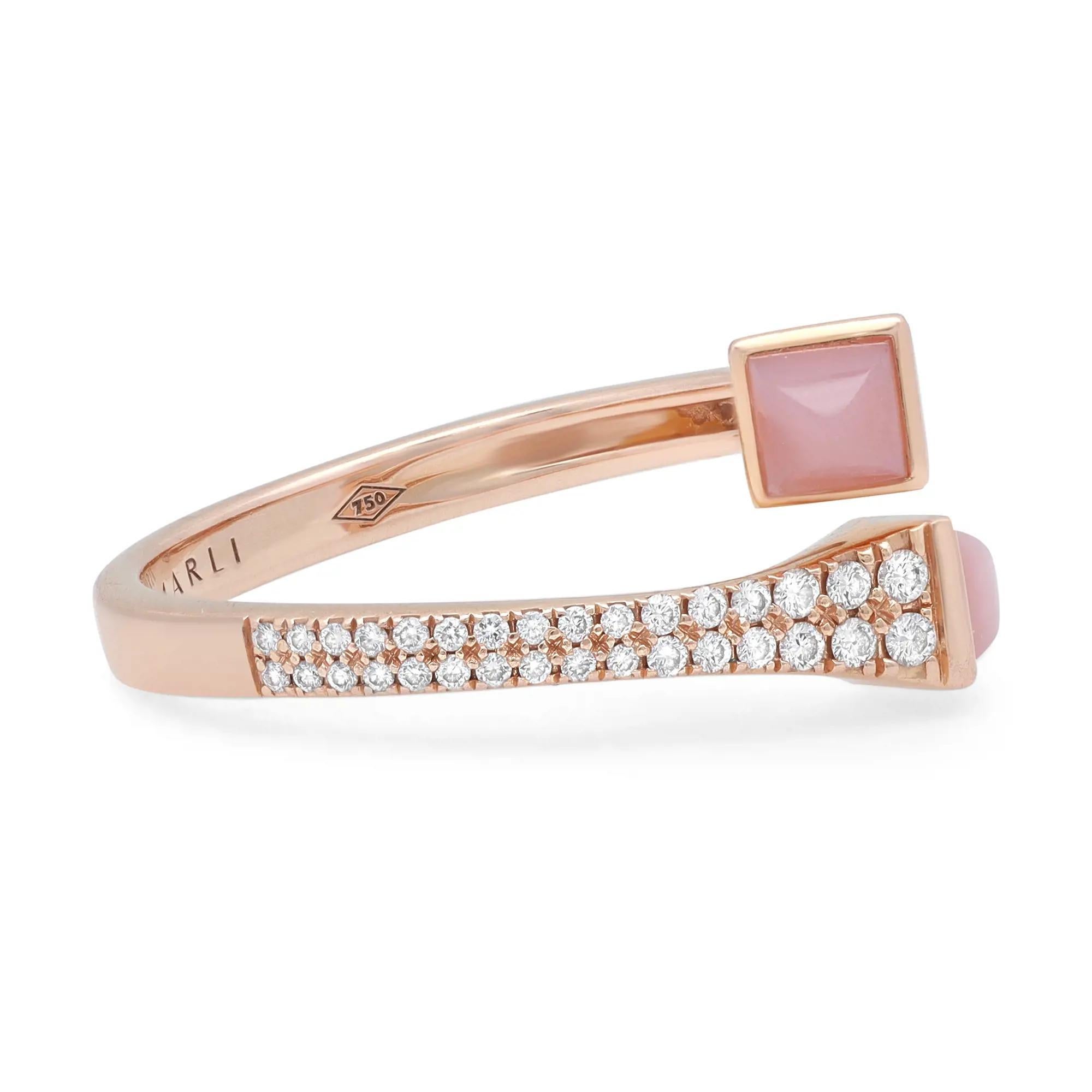 MARLI's Cleo ring features a slim wrap design embellished with dazzling round cut diamonds and capped with rose quartz on both ends. Crafted in fine 18K rose gold. Total diamond weight: 0.35 carat. Ring size: 7. Total weight: 3.71 grams. Great