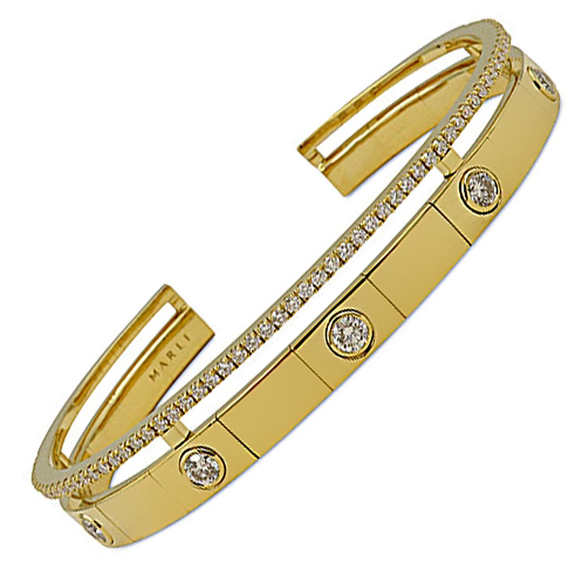A chic diamond cuff bangle bracelet by Marli, this stunning flexible cuff bracelet showcases round brilliant cut diamonds weighing 1.20ct in 18k yellow gold.