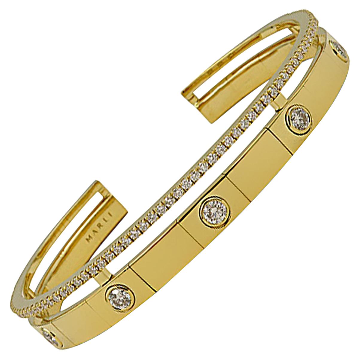 Marli Diamond Yellow Gold Slip on Cuff Bangle Bracelet