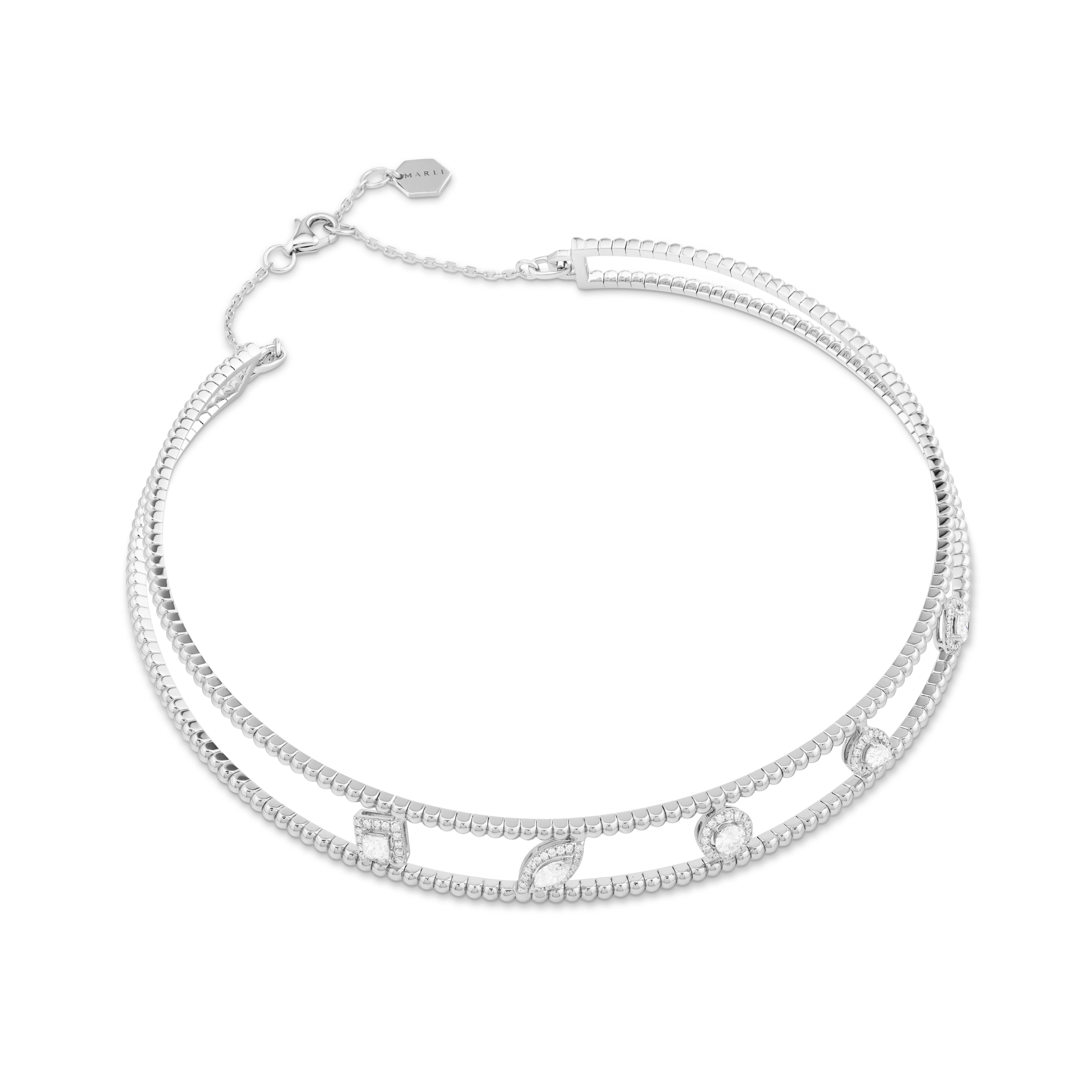 The Rock Statement Slip-On Collar is the perfect piece for a contemporary lifestyle. Designed with 5 brilliant-cut diamond, this choker evokes a youthful, yet sensual vibe. Inspired by the playful flavor of rock candy treats, the various shapes and
