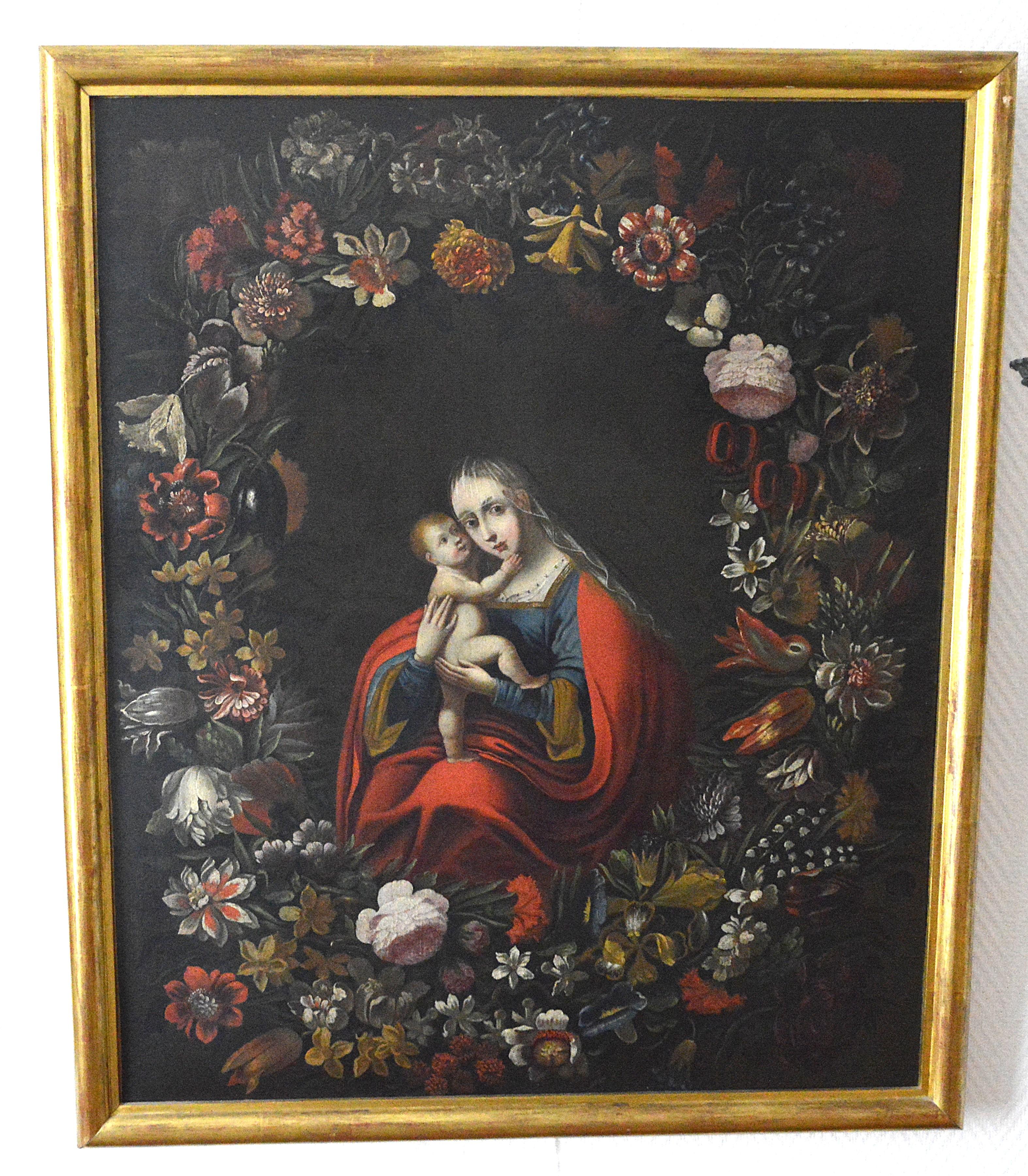 Holy Family in a wreath of flowers - Other Art Style Painting by MARLIER, PHILIPS DE 
