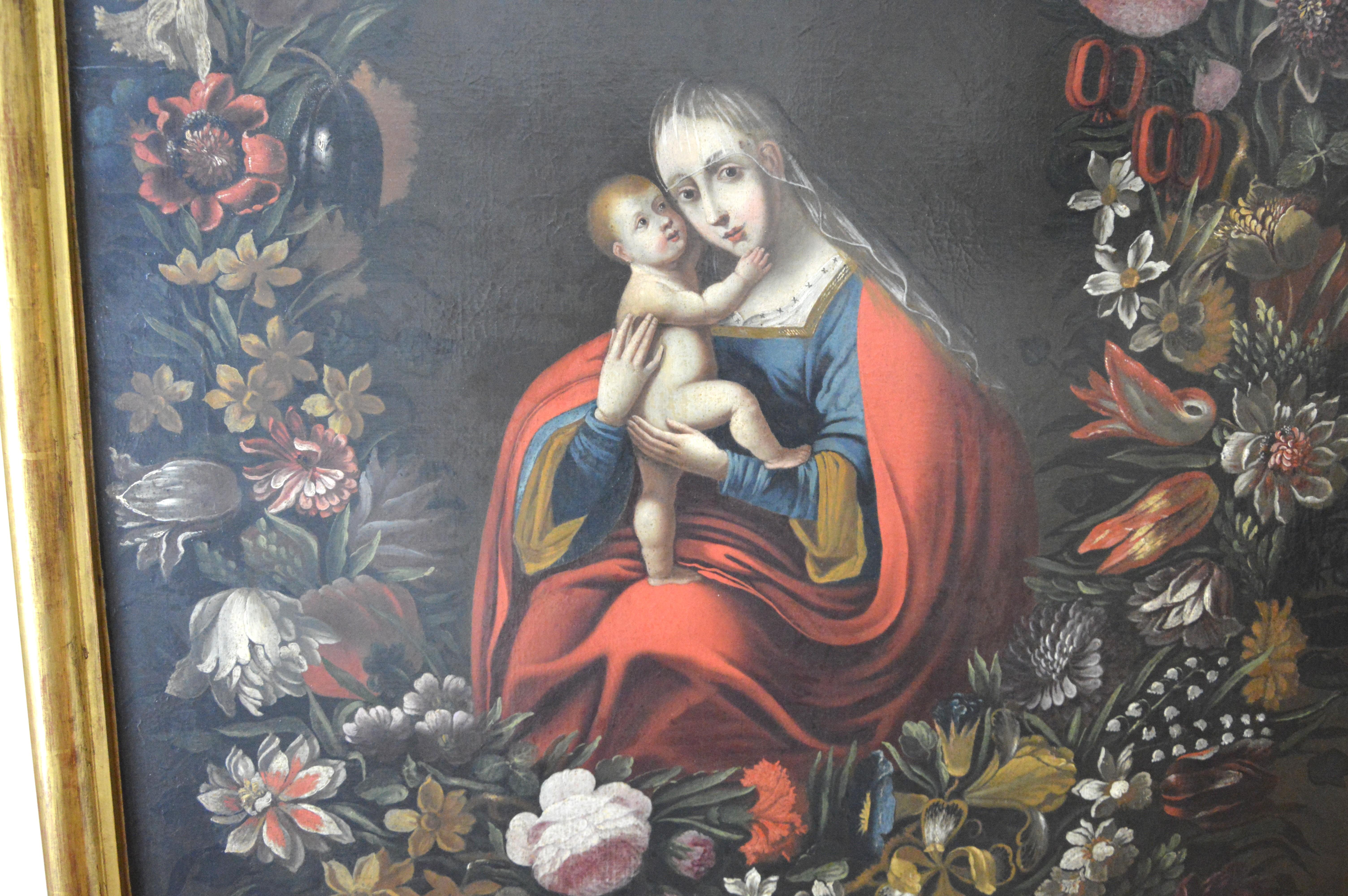 Holy Family in a wreath of flowers For Sale 3