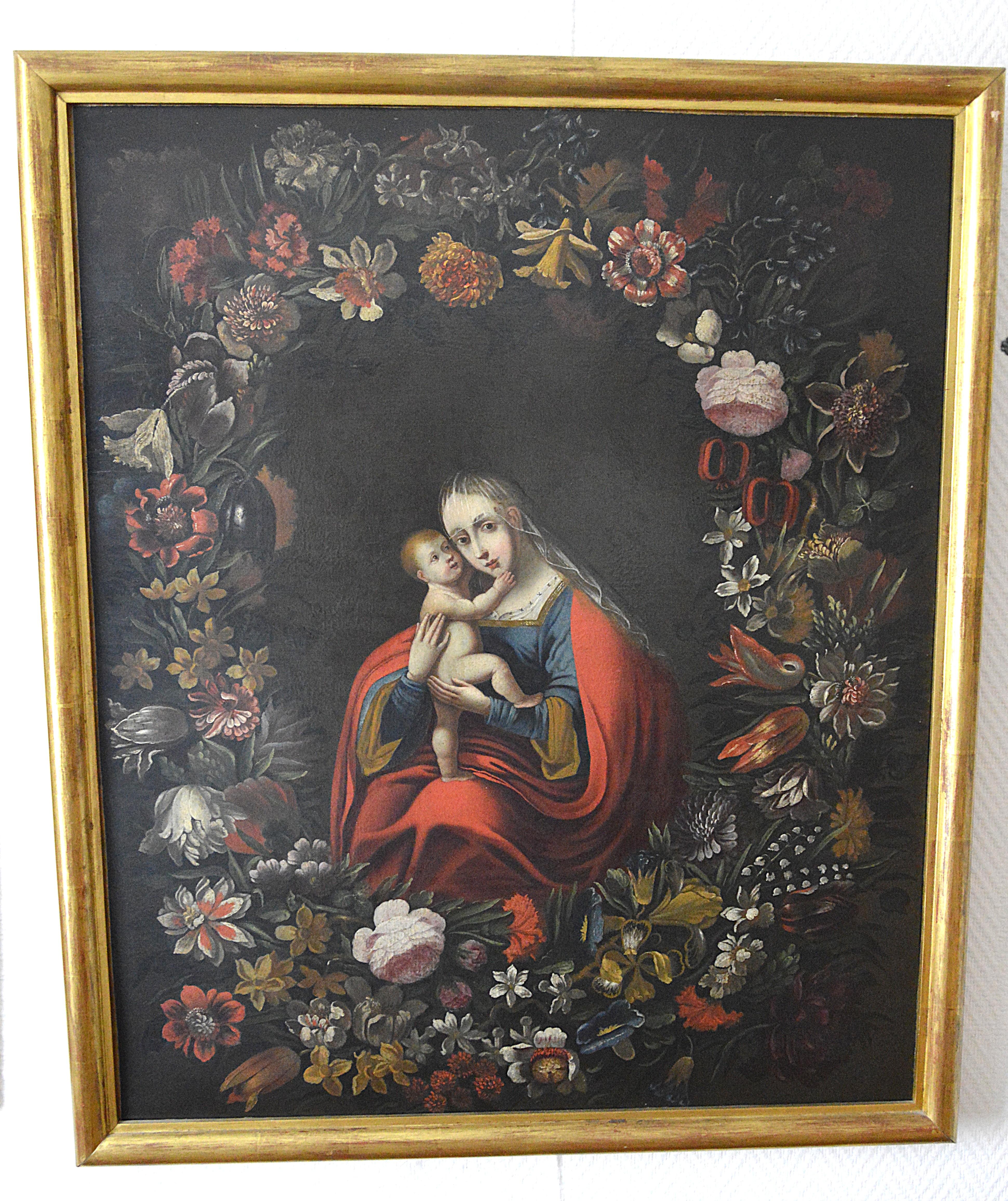 MARLIER, PHILIPS DE  Portrait Painting - Holy Family in a wreath of flowers