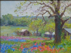 "Scène de ferme au Texas avec prairie de fleurs sauvages" Bluebonnets Tree Barn Spring Green