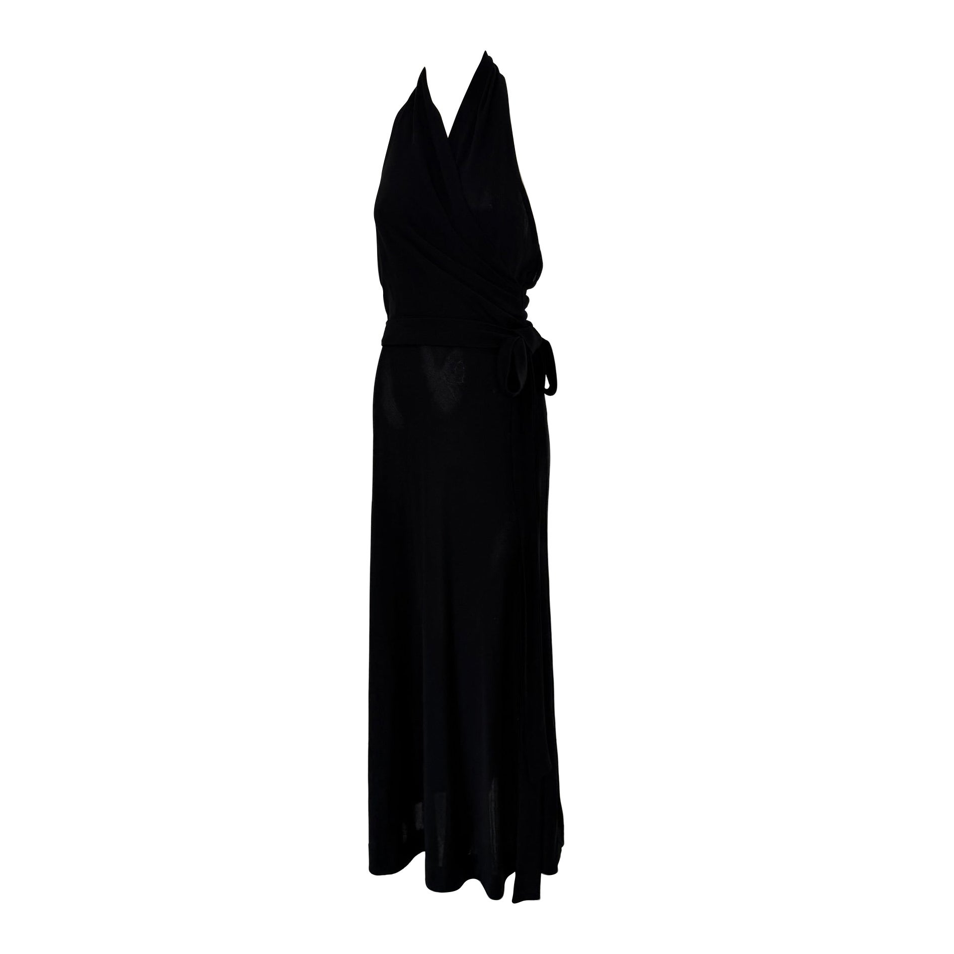 Vestido largo con cuello halter de jersey de crepé negro de Marline Paris, de los años 70