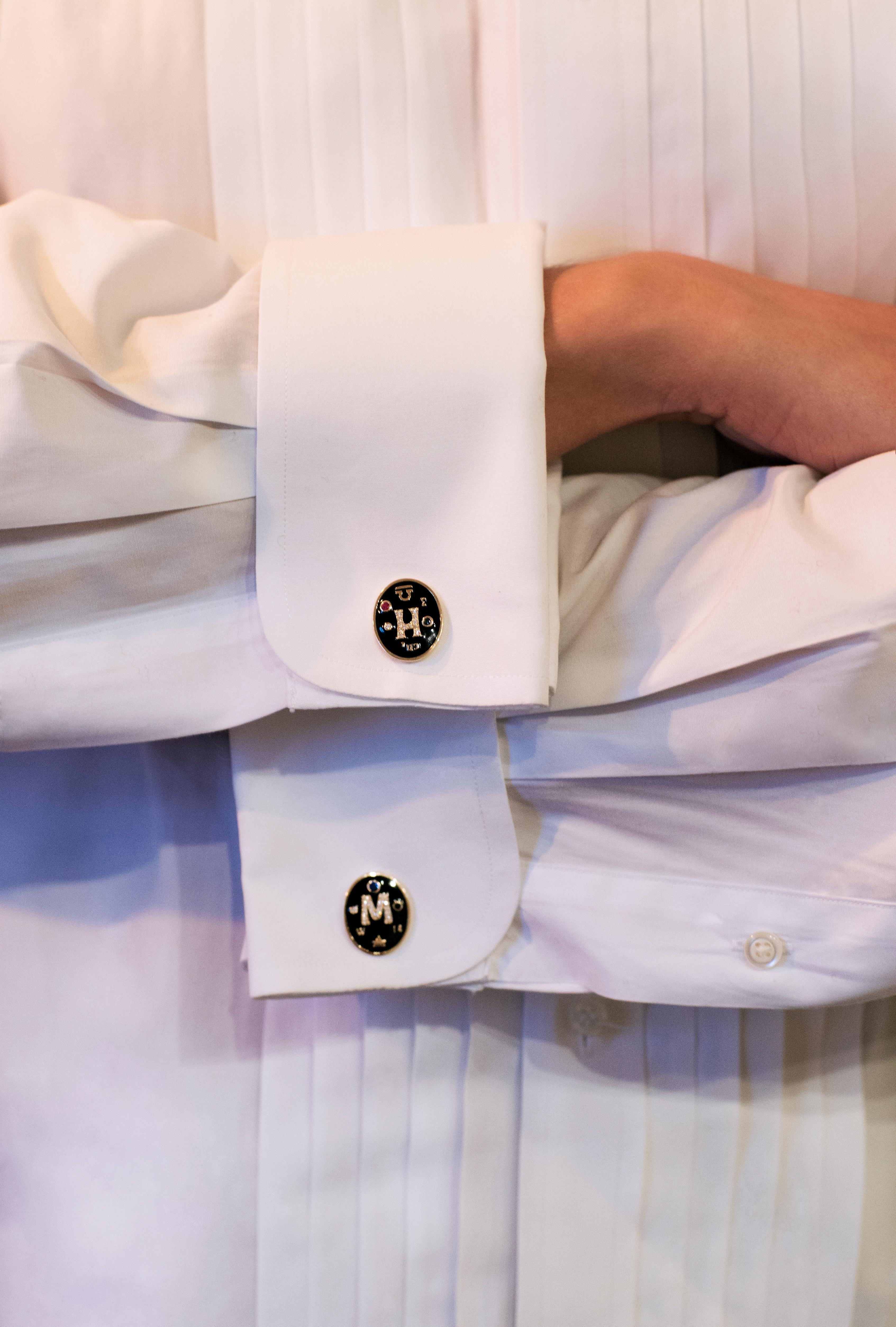 Marlo Laz's completely bespoke men’s cufflinks make for the most amazing gift for  every gentlemen. With a backdrop of black enamel, diamond initials are the centerpiece for these exquisite 14 karat gold cufflinks, surrounded by unique details