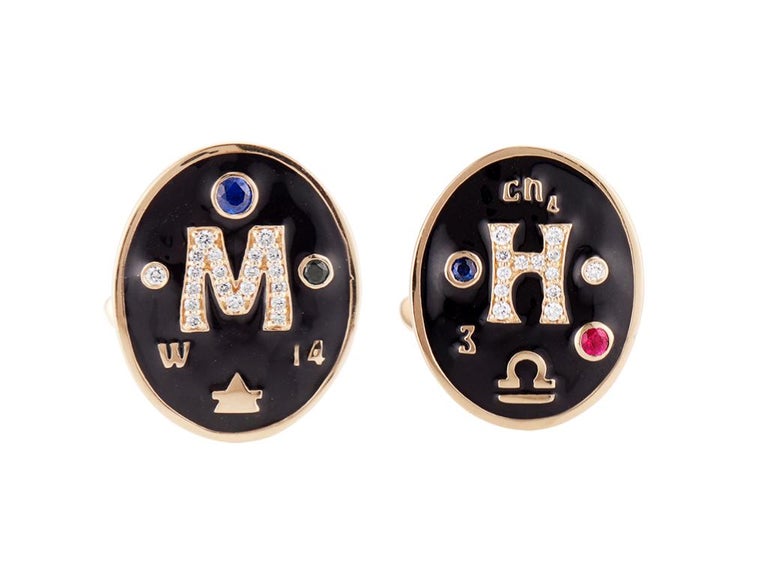 Marlo Laz 14K Gold Men's Bespoke Cufflinks with Diamonds Zodiac Sign Birthstones In New Condition For Sale In New York, NY