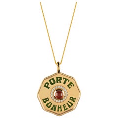 Marlo Laz 14K Gold Pink Tourmaline Porte Bonheur Coin Charm Pendant Necklace