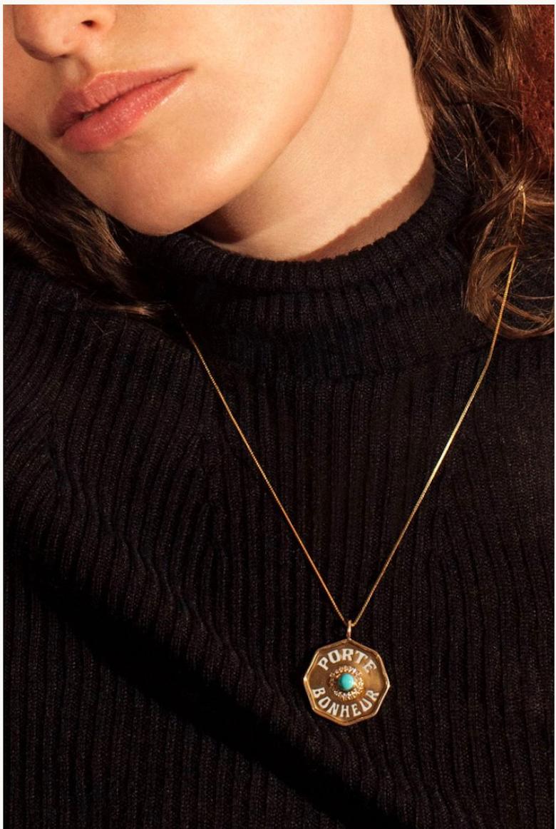 Marlo Laz 14K Gold Turquoise Porte Bonheur Lucky Coin Charm Pendant Necklace