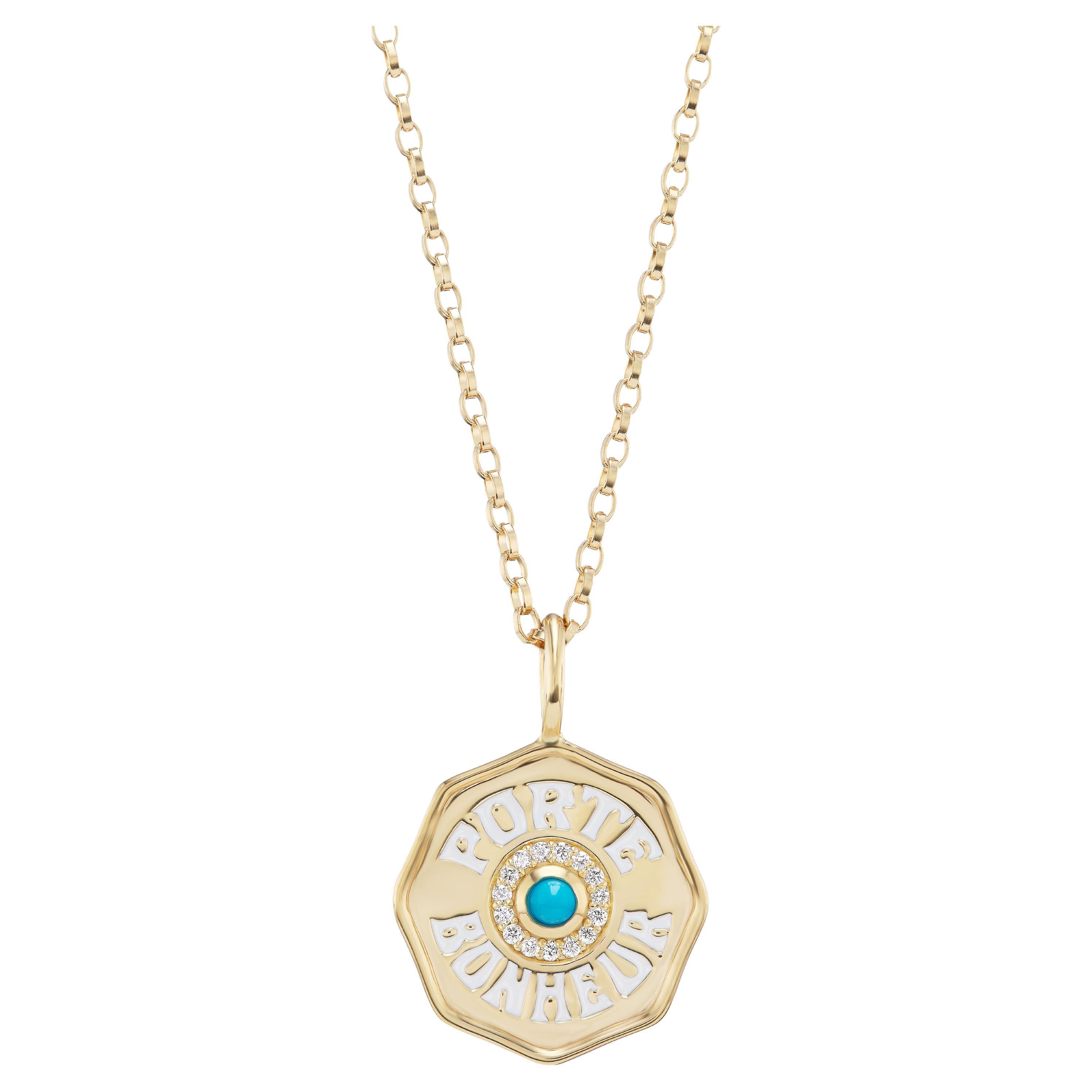 Marlo Laz 14K Gold Türkis Porte Bonheur Glücksmünze Charm Anhänger Halskette