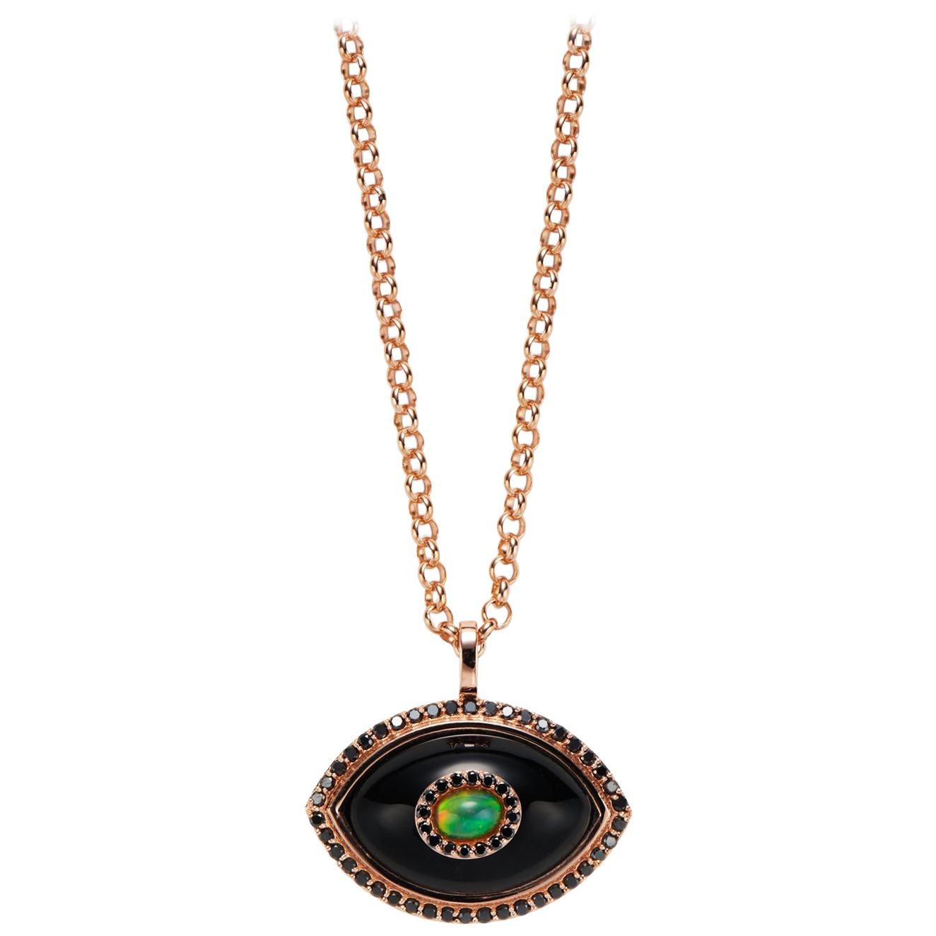 Marlo Laz Collier pendentif œil maléfique en diamant noir, onyx noir et opale en or rose 14K