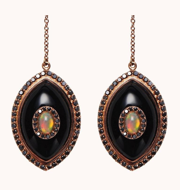 Contemporary Marlo Laz Black Diamond Onyx Opal 14 Karat Yellow Gold Evil Eye Amulet Earrings For Sale