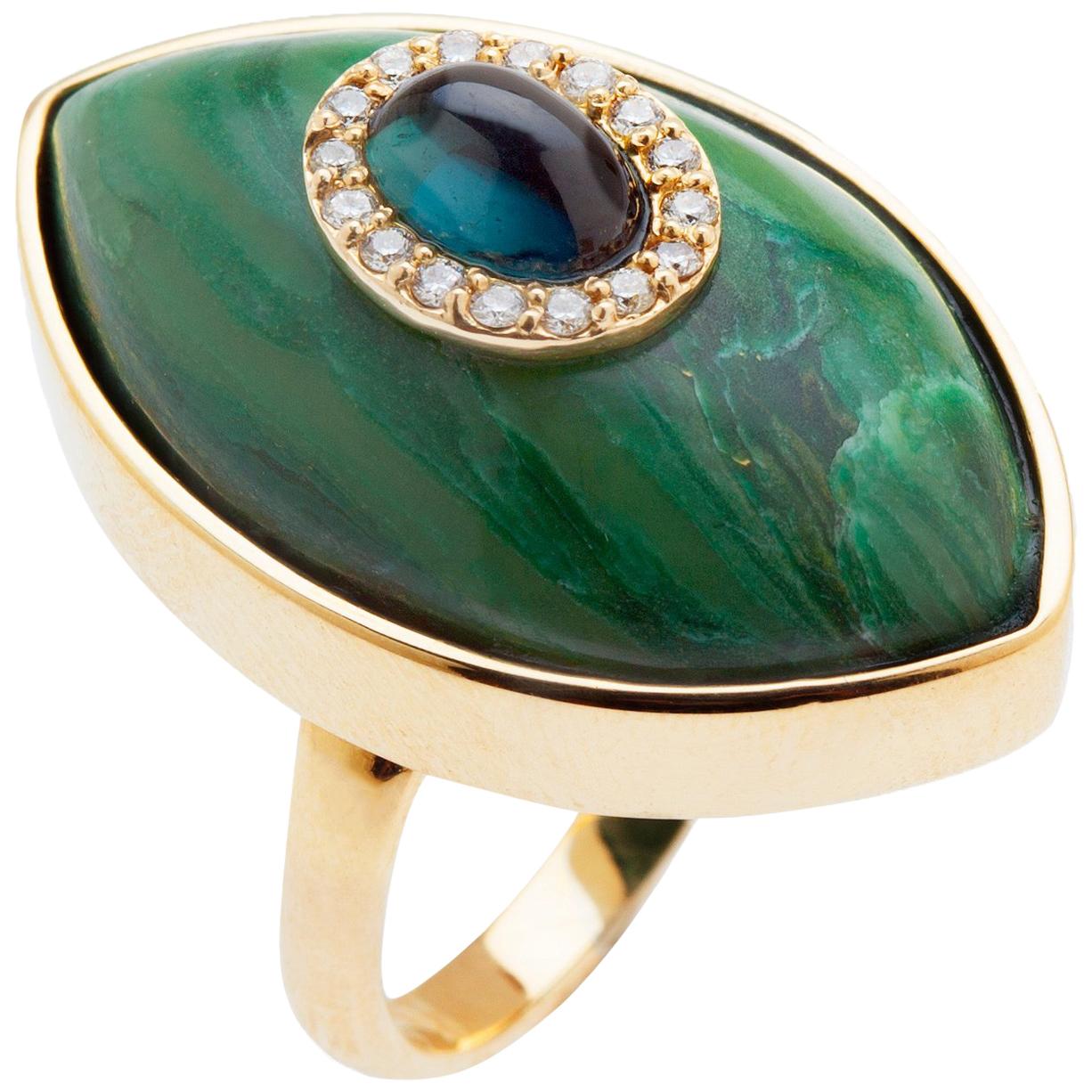 Marlo Laz Bague cocktail Evil Eye en or jaune 14 carats avec tourmaline verte et jade brésilien en vente