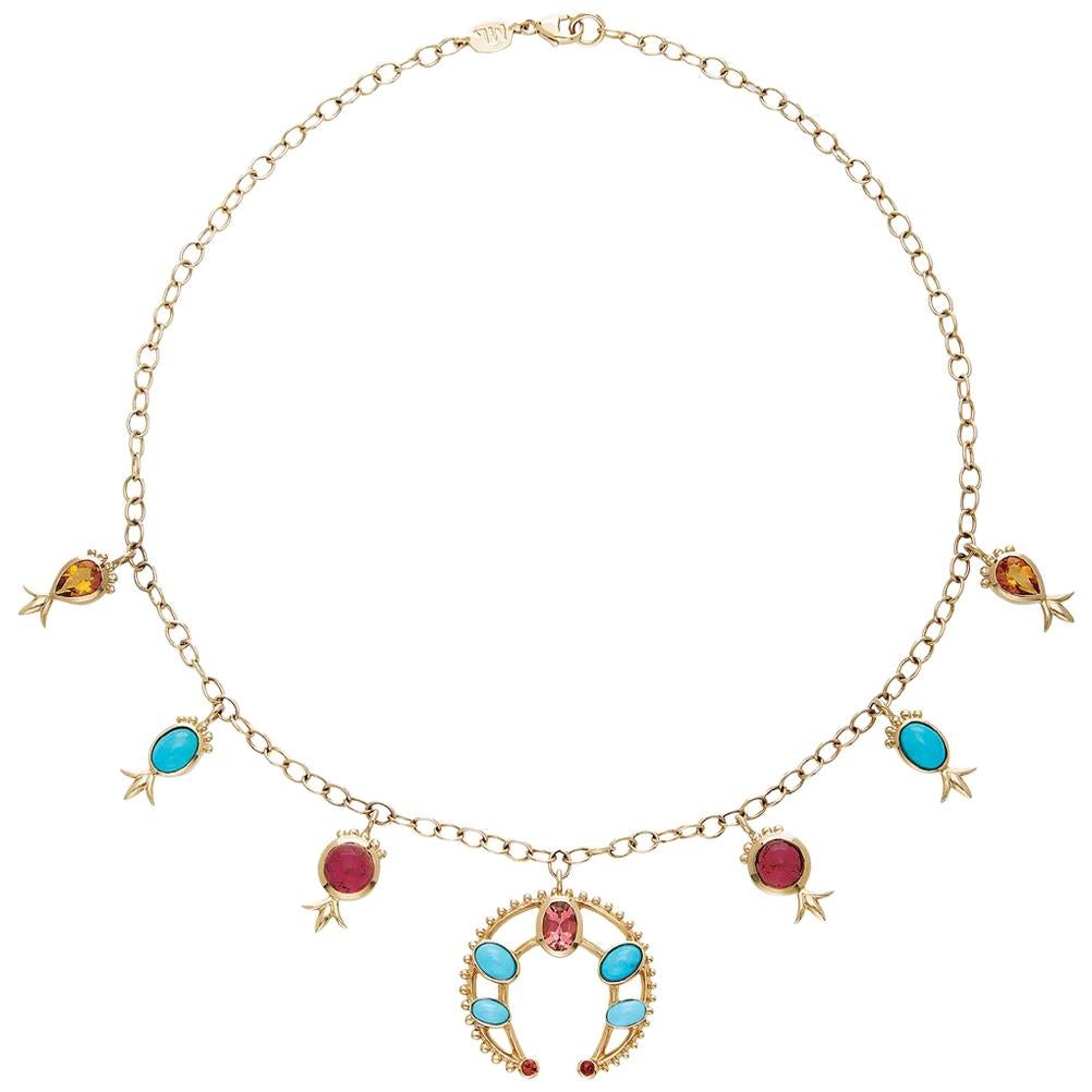 Marlo Laz - Collana con Charm a forma di fiore di zucca in turchese e tormalina rosa Citrino 14K YG
