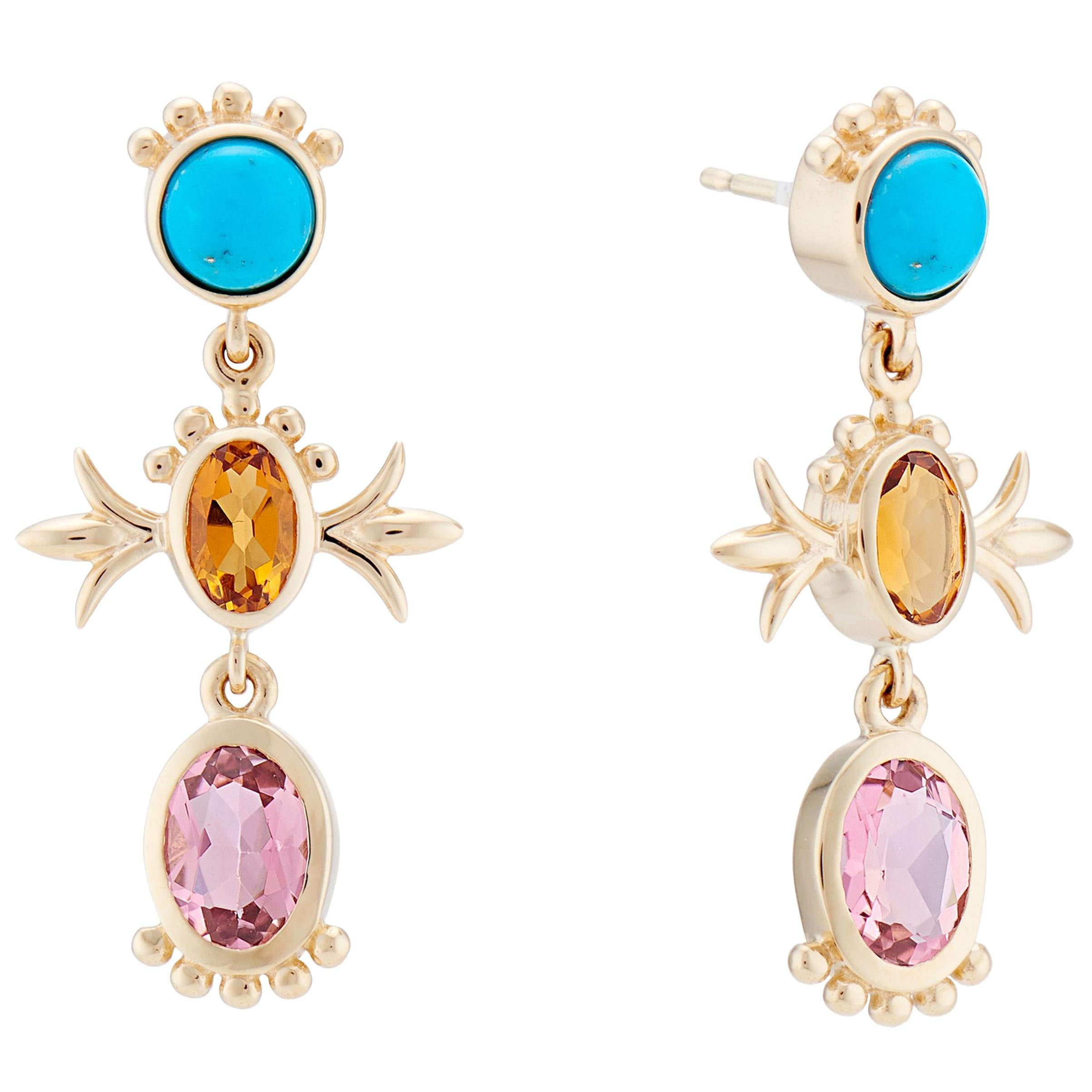 Marlo Laz Turquoise Tourmaline Citrin 14K Yellow Gold Squash Blossom Earrings For Sale