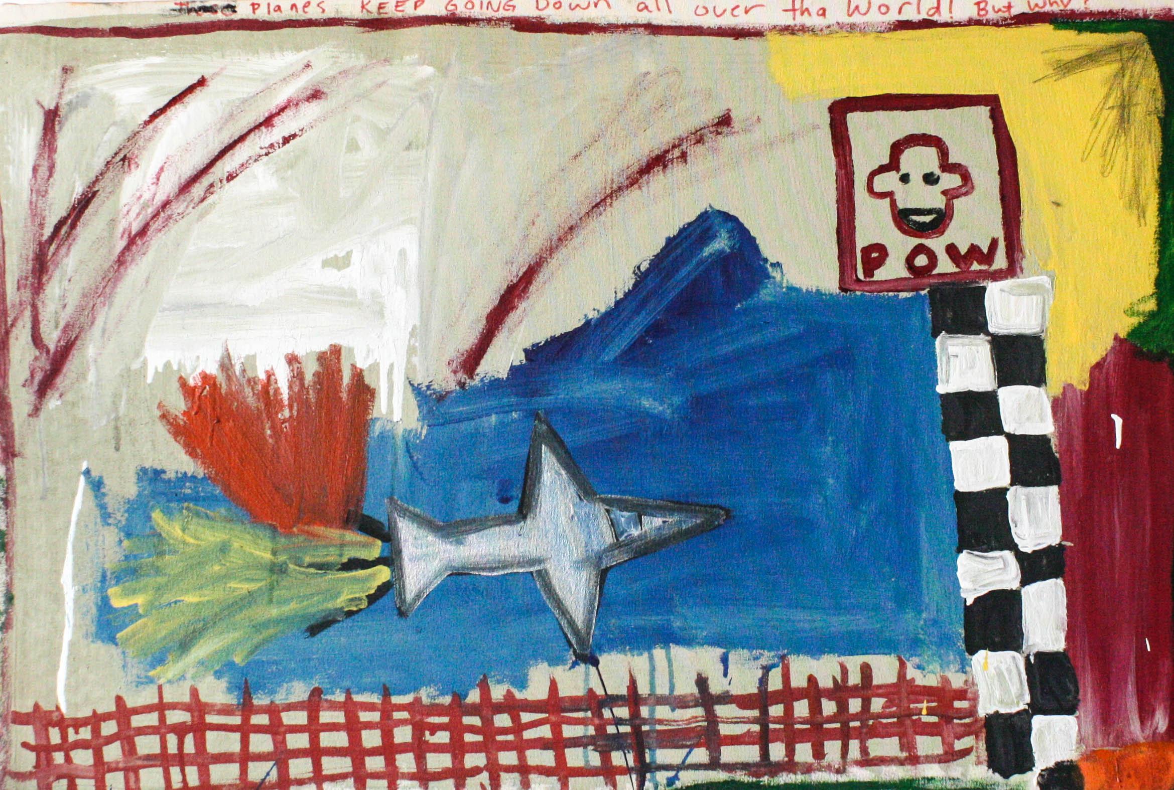 Planes Keep Going Down- Canvas, Latex, Spray Paint, Oil, Pattern, Primary Colors - Painting by Marlos E’van