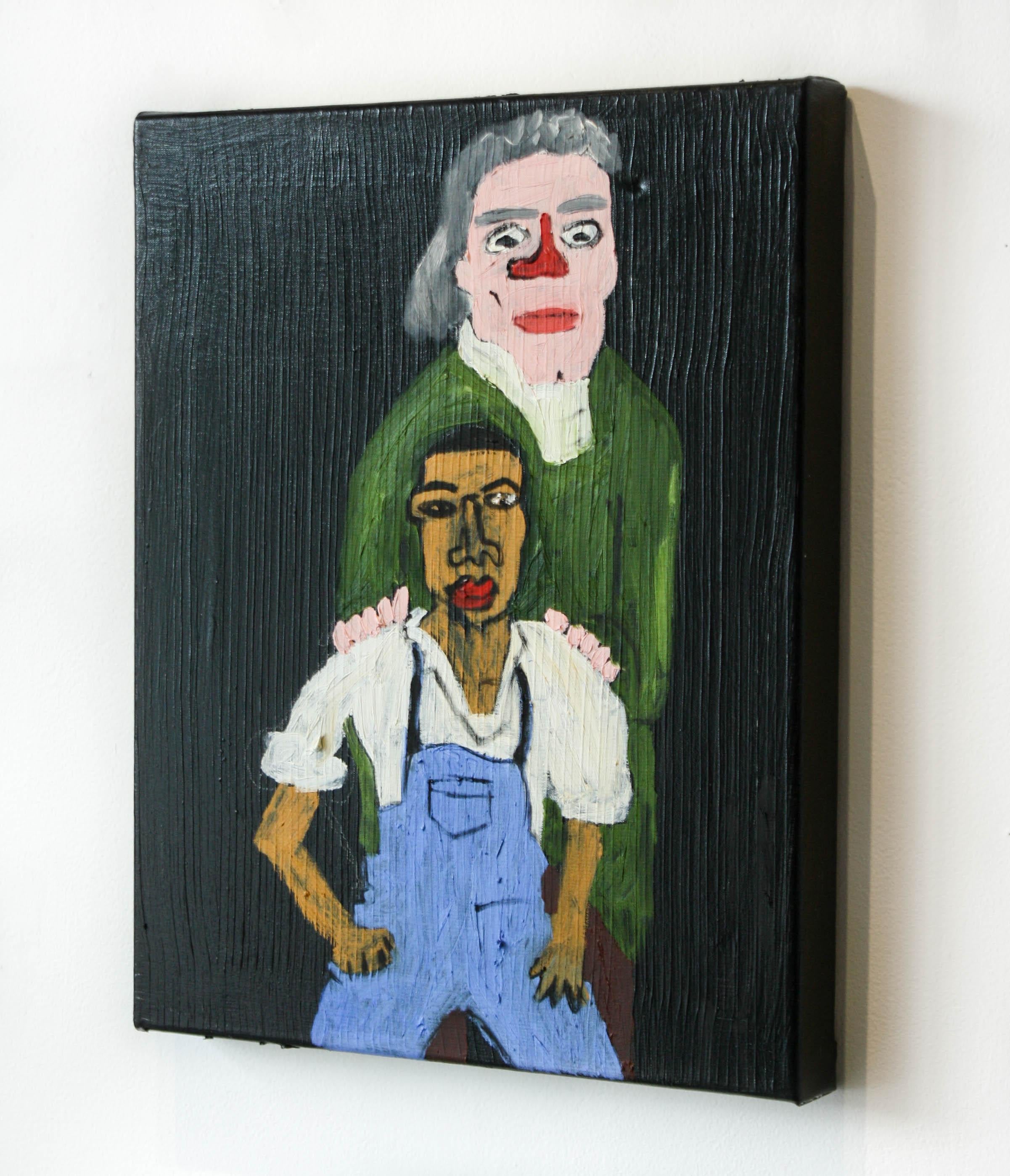 Thomas Jefferson and Black Descendent- Acrylic Paint, Canvas, Oil Crayon, Pink - Painting by Marlos E’van
