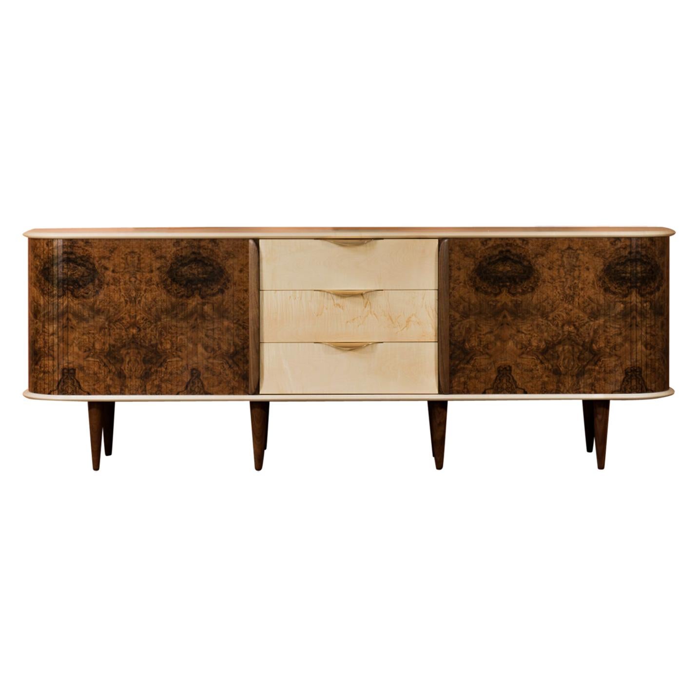 Marlstone Contemporary Walnut and English Rippled Sycamore Sideboard For Sale